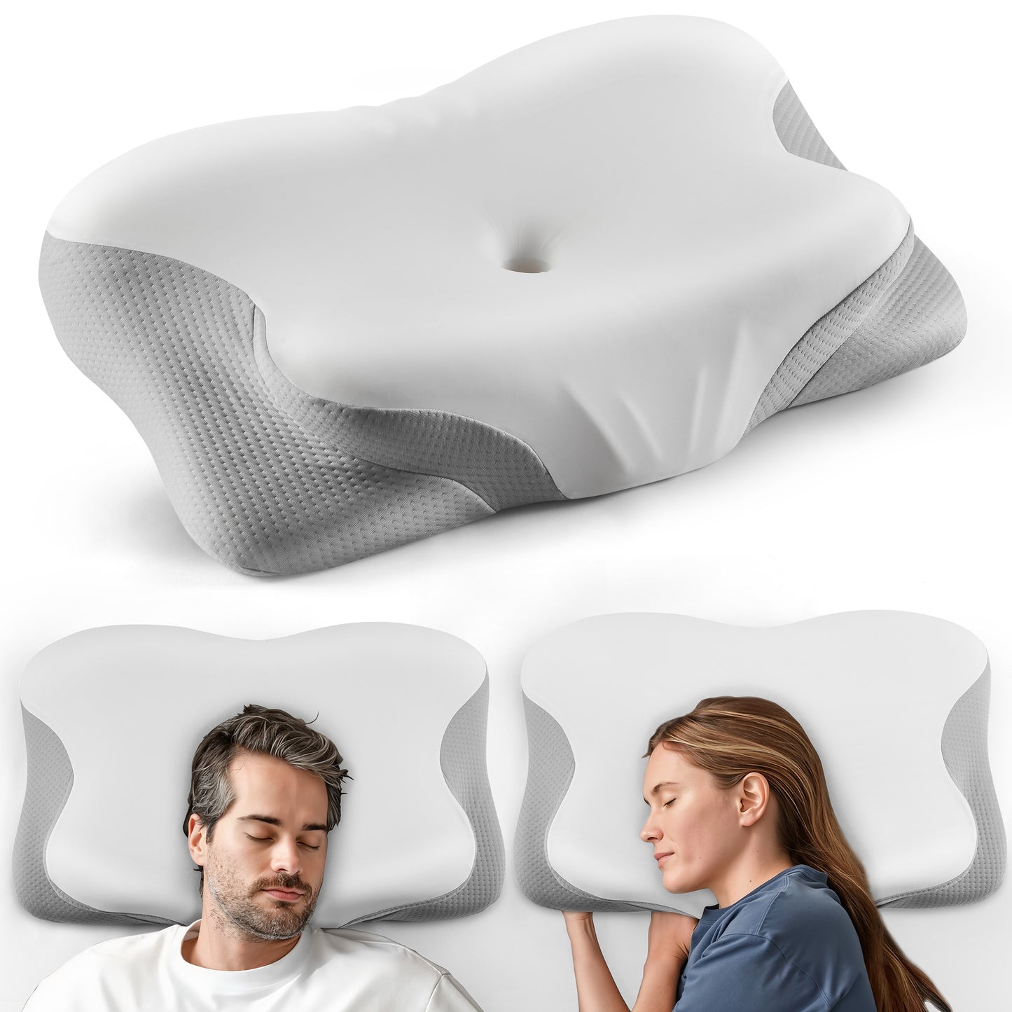 MOONORAH Contour Memory Foam Pillows for Sleeping Ergonomic, Cervical Pillow for Neck and Shoulder Pain Relief, Queen Bed Pillow for Side Back Stomach Sleepers - White & Gray