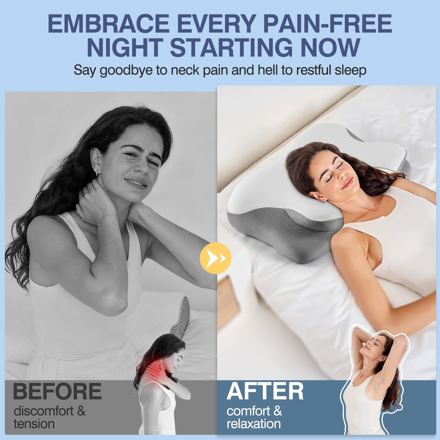 MOONORAH Contour Memory Foam Pillows for Sleeping Ergonomic, Cervical Pillow for Neck and Shoulder Pain Relief, Queen Bed Pillow for Side Back Stomach Sleepers - White & Gray