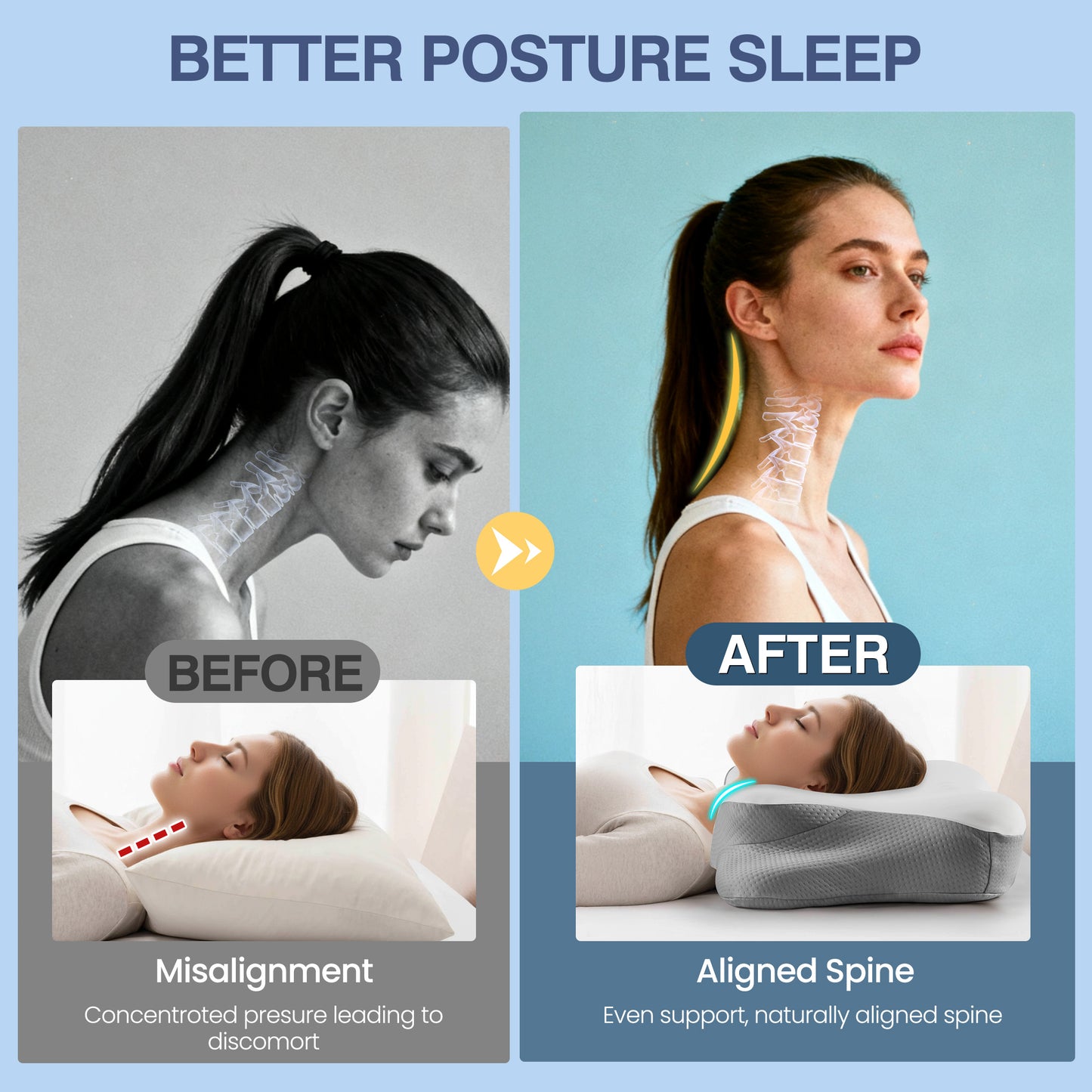 MOONORAH Contour Memory Foam Pillows for Sleeping Ergonomic, Cervical Pillow for Neck and Shoulder Pain Relief, Queen Bed Pillow for Side Back Stomach Sleepers - White & Gray