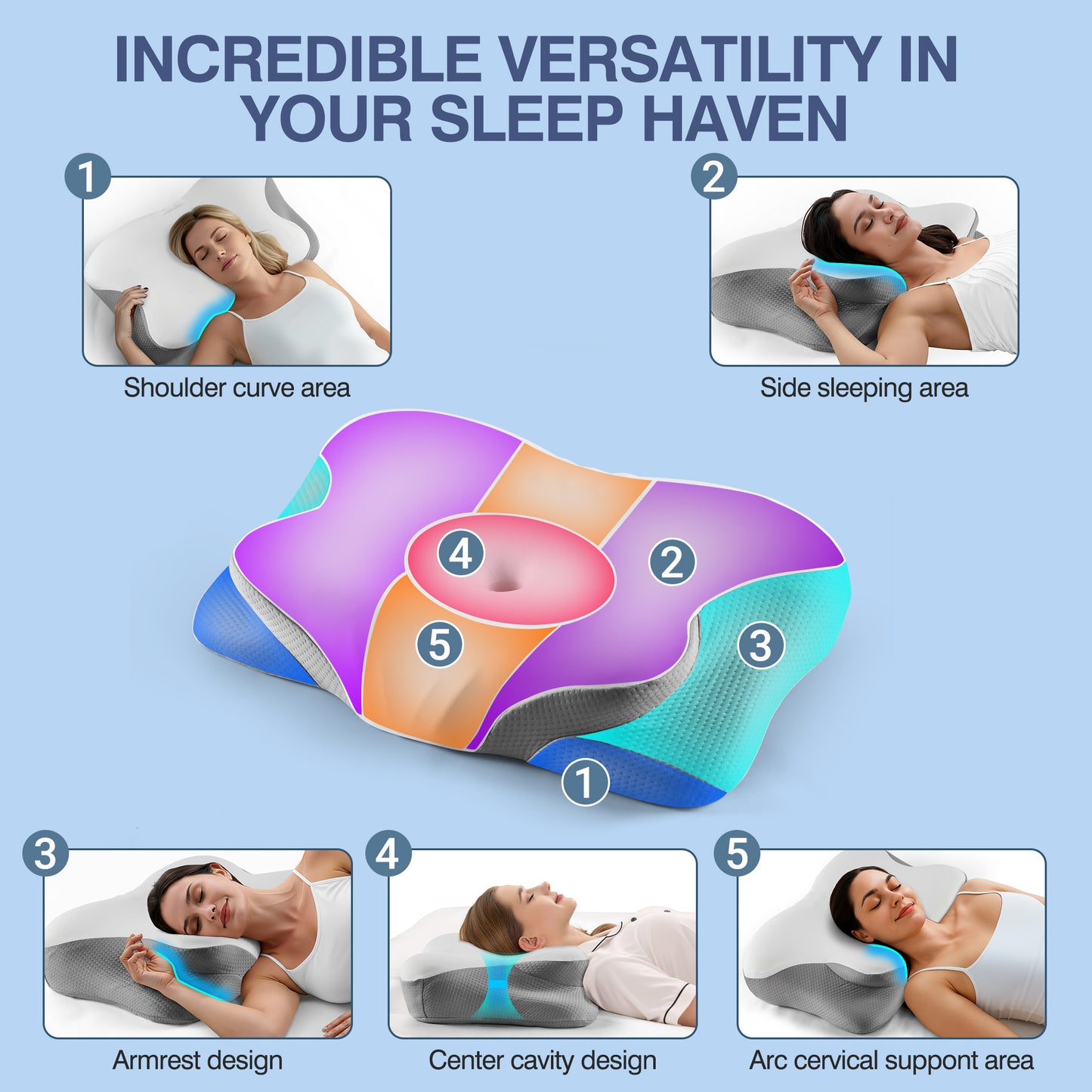 MOONORAH Contour Memory Foam Pillows for Sleeping Ergonomic, Cervical Pillow for Neck and Shoulder Pain Relief, Queen Bed Pillow for Side Back Stomach Sleepers - White & Gray