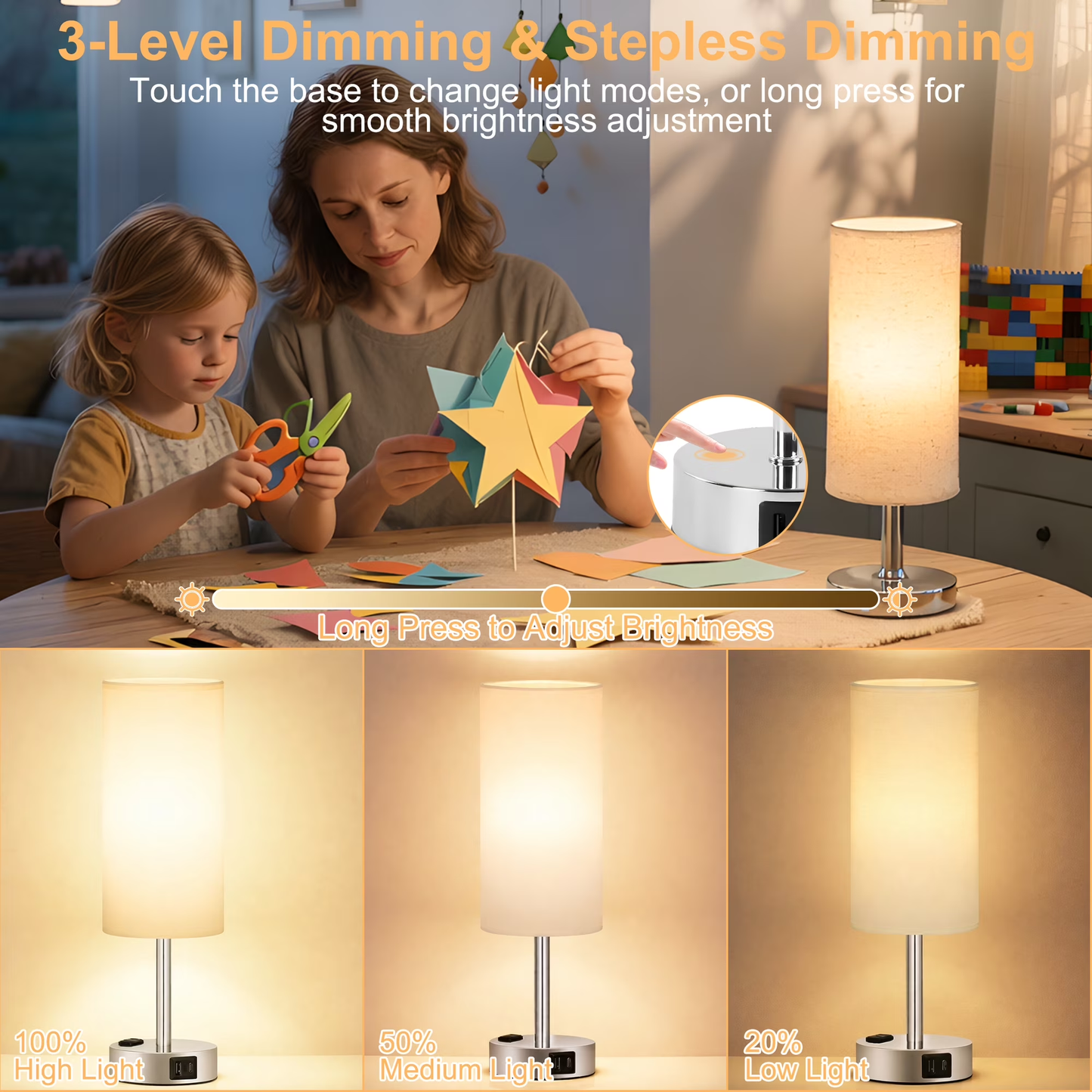 LOFTER-PRO Bedside Table Lamp, 3-Way Touch Control & Stepless Dimming Nightstand Lamp with USB Port and AC Outlet, Small Adjustable Desk Lamp for Bedroom, Living Room, or Office