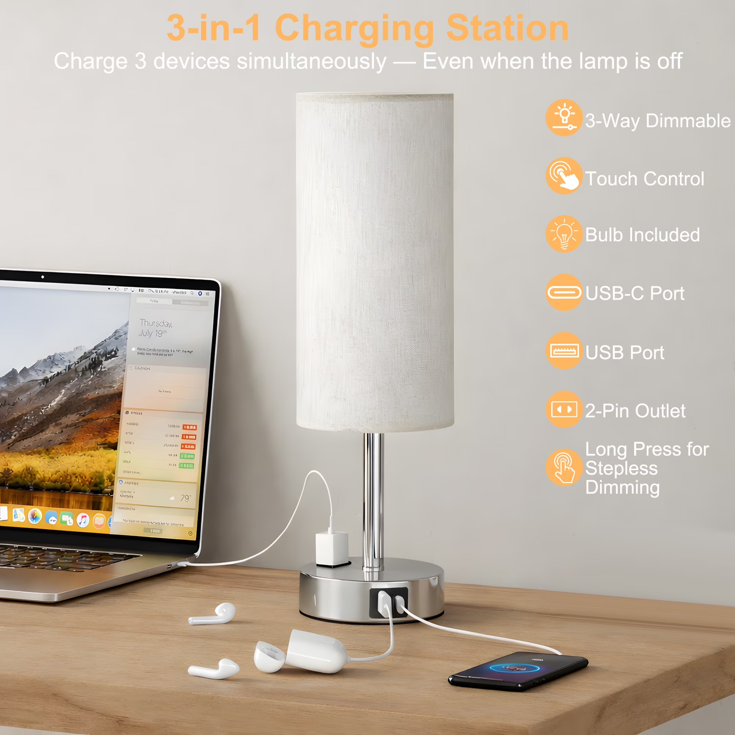 LOFTER-PRO Bedside Table Lamp, 3-Way Touch Control & Stepless Dimming Nightstand Lamp with USB Port and AC Outlet, Small Adjustable Desk Lamp for Bedroom, Living Room, or Office