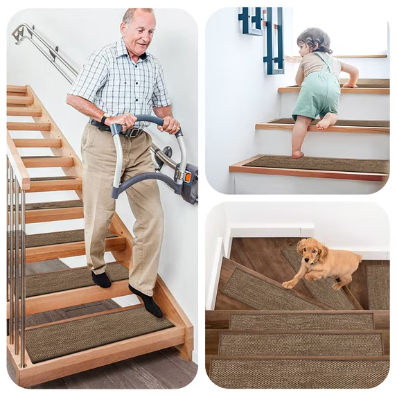 MOONORAH Stair Treads Non Slip Carpet Mat for Wooden Steps with Reusable Adhesive, Polyester TPR Backing Edging Stair Rugs 30'' X 8'' Indoor Stair Runners for Kids Elders & Dogs -15pc