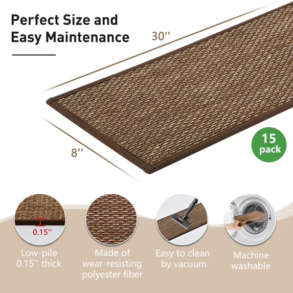 MOONORAH Stair Treads Non Slip Carpet Mat for Wooden Steps with Reusable Adhesive, Polyester TPR Backing Edging Stair Rugs 30'' X 8'' Indoor Stair Runners for Kids Elders & Dogs -15pc