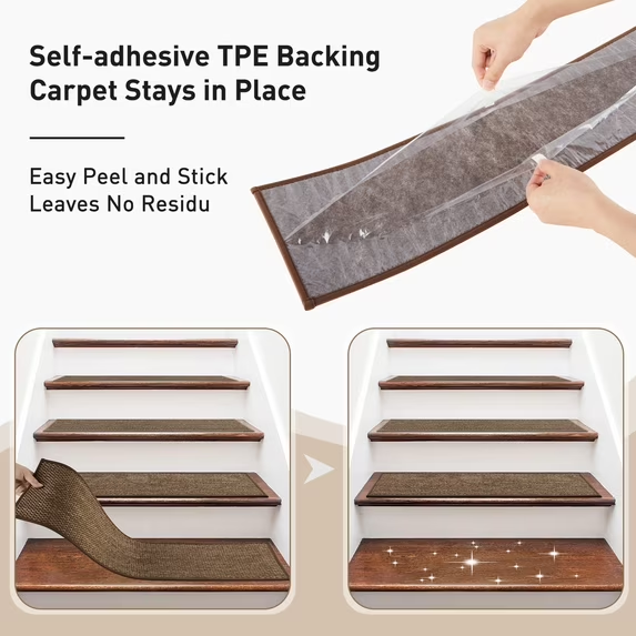 MOONORAH Stair Treads Non Slip Carpet Mat for Wooden Steps with Reusable Adhesive, Polyester TPR Backing Edging Stair Rugs 30'' X 8'' Indoor Stair Runners for Kids Elders & Dogs -15pc