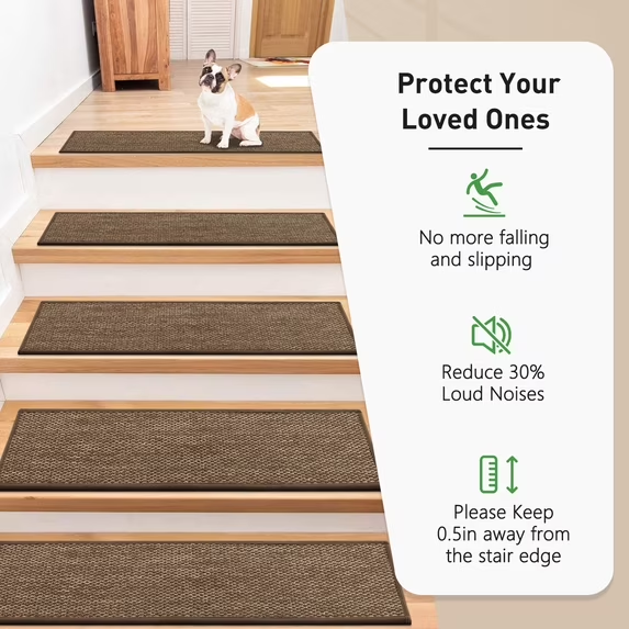 MOONORAH Stair Treads Non Slip Carpet Mat for Wooden Steps with Reusable Adhesive, Polyester TPR Backing Edging Stair Rugs 30'' X 8'' Indoor Stair Runners for Kids Elders & Dogs -15pc