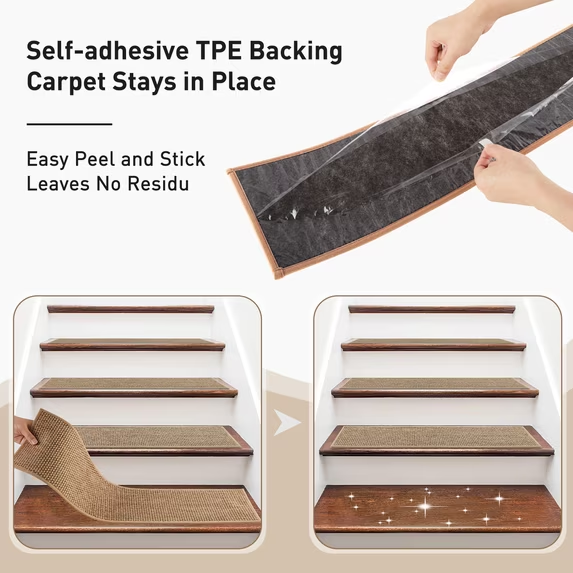 MOONORAH Non-Slip Washable Staircase and Floor Step Tread, Polyester Begie, 30'' X 8'',15 Count