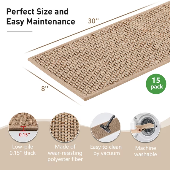 MOONORAH Non-Slip Washable Staircase and Floor Step Tread, Polyester Begie, 30'' X 8'',15 Count