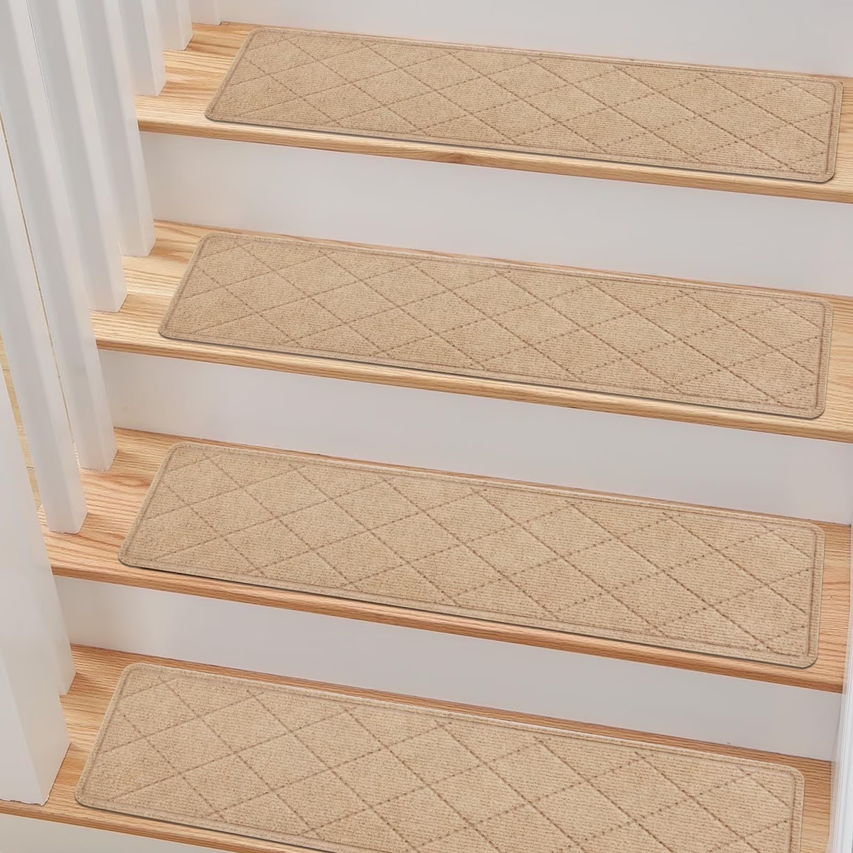ENERFACE Non-Slip Carpet Stair Treads for Wooden Steps – 8" x 30" Reusable Adhesive Stair Rugs for Kids, Seniors & Pets, Indoor Polyester Surface with TPR Backing, Khaki