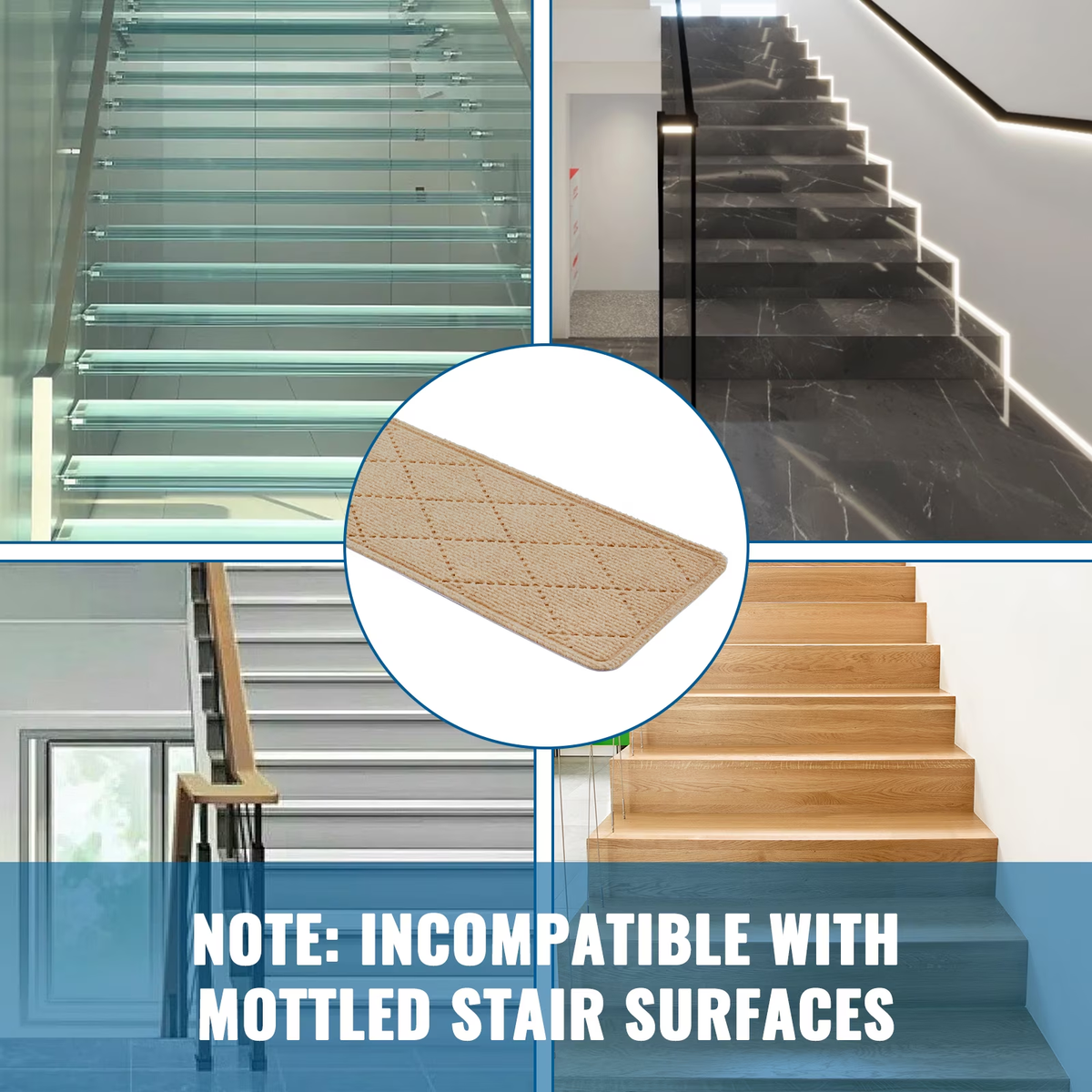 ENERFACE Non-Slip Carpet Stair Treads for Wooden Steps – 8" x 30" Reusable Adhesive Stair Rugs for Kids, Seniors & Pets, Indoor Polyester Surface with TPR Backing, Khaki