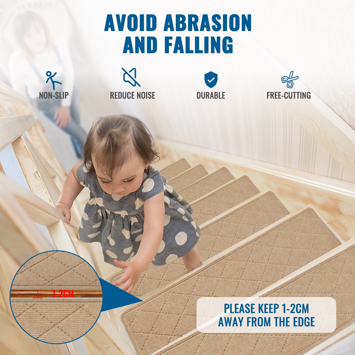 ENERFACE Non-Slip Carpet Stair Treads for Wooden Steps – 8" x 30" Reusable Adhesive Stair Rugs for Kids, Seniors & Pets, Indoor Polyester Surface with TPR Backing, Khaki