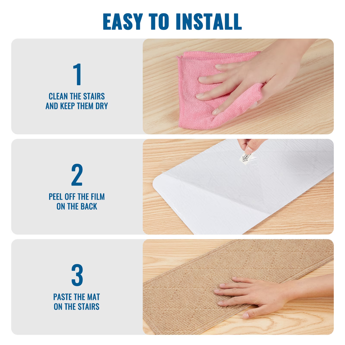 ENERFACE Non-Slip Carpet Stair Treads for Wooden Steps – 8" x 30" Reusable Adhesive Stair Rugs for Kids, Seniors & Pets, Indoor Polyester Surface with TPR Backing, Khaki