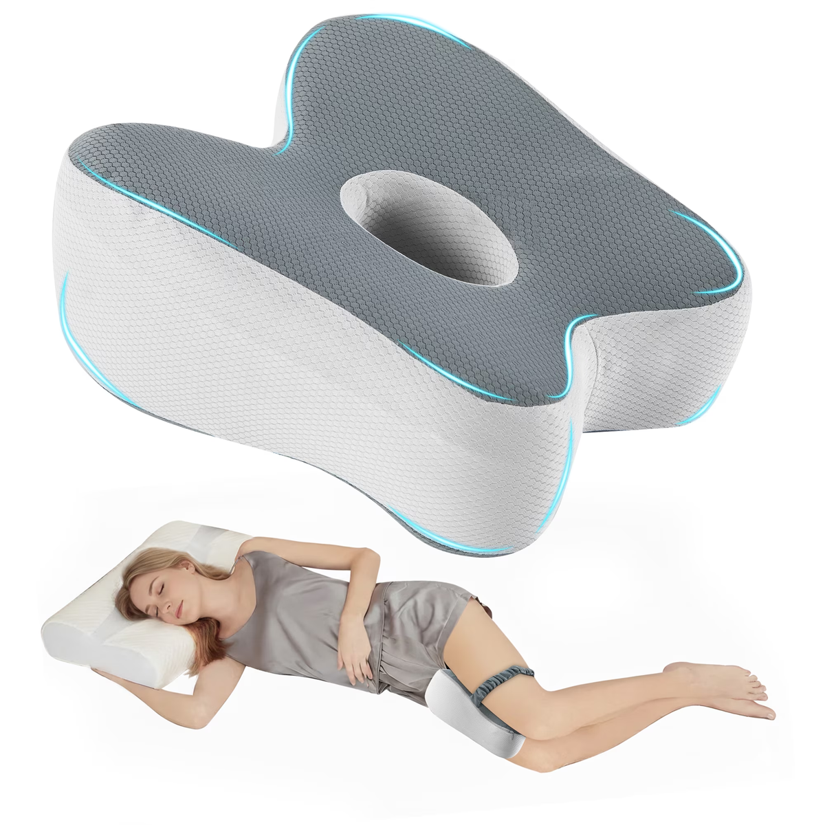 MOONORAH Knee Pillow for Side Sleepers – Memory Foam Leg Pillow for Sciatica, Back & Knee Pain Relief, Ergonomic Contour Cushion with Removable Cover and Elastic Strap, Grey