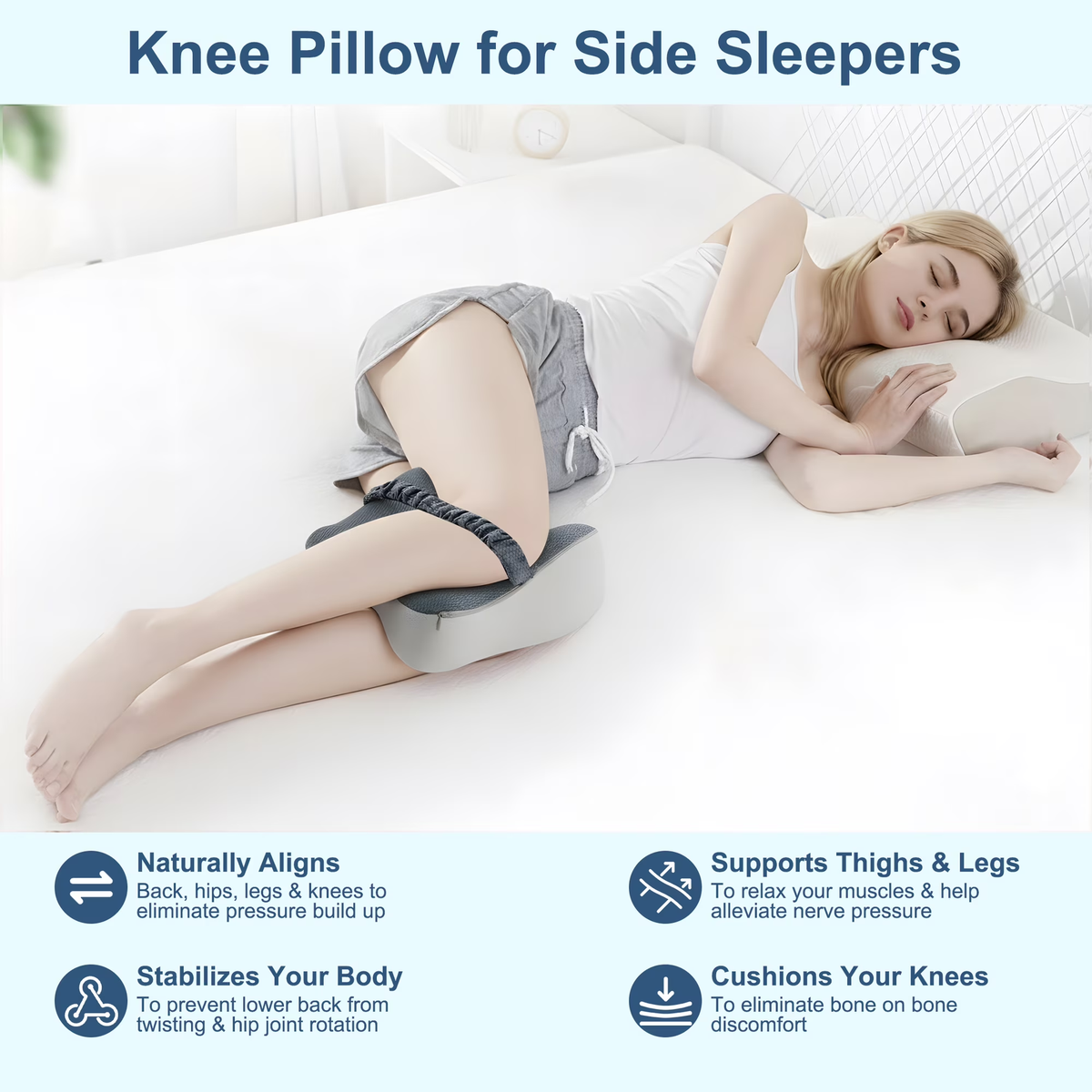 MOONORAH Knee Pillow for Side Sleepers – Memory Foam Leg Pillow for Sciatica, Back & Knee Pain Relief, Ergonomic Contour Cushion with Removable Cover and Elastic Strap, Grey