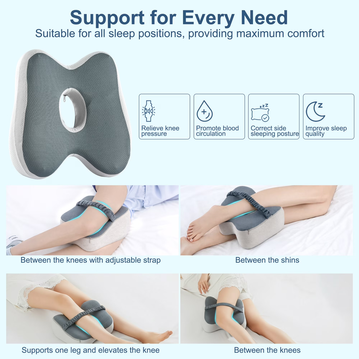 MOONORAH Knee Pillow for Side Sleepers – Memory Foam Leg Pillow for Sciatica, Back & Knee Pain Relief, Ergonomic Contour Cushion with Removable Cover and Elastic Strap, Grey