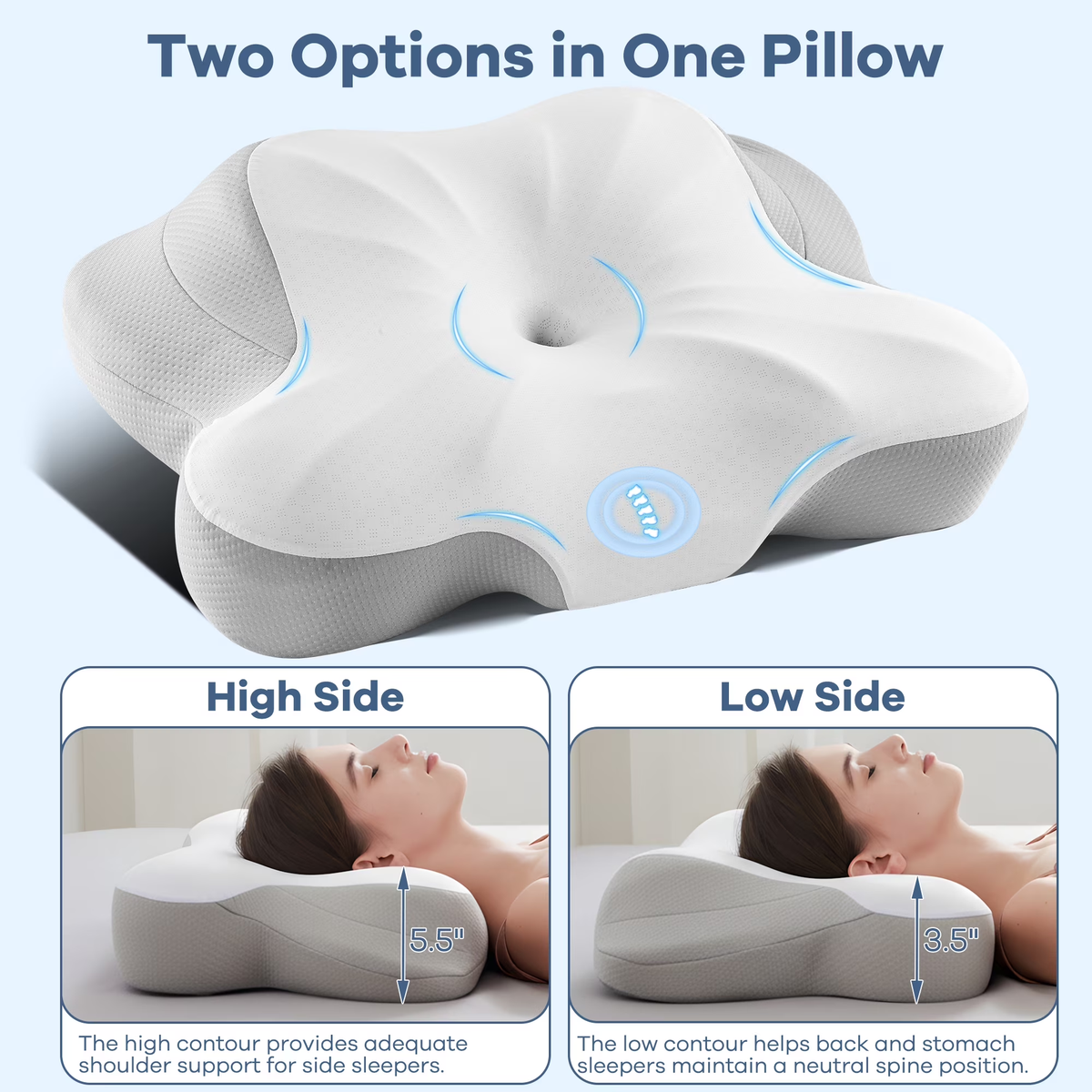 KAIPARA Cervical Pillow for Neck and Shoulder, Contour Memory Foam Pillow, Dual-Height Ergonomic Neck Support for Back, Side, Stomach Sleepers with Pillowcase, Gray