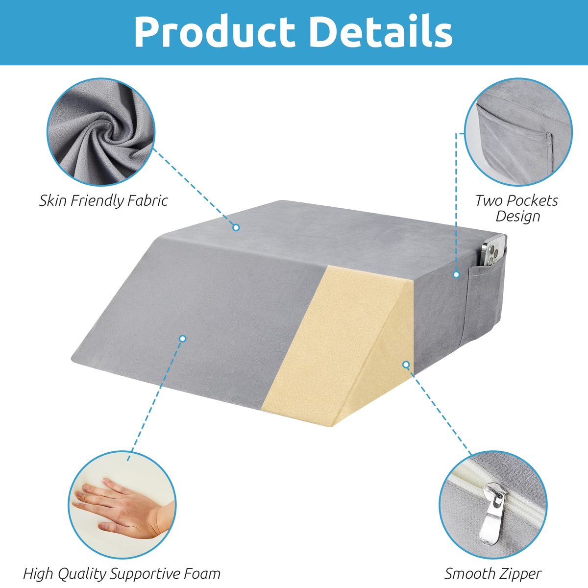 MOONORAH Wedge Pillow for After Surgery - Leg and Back Pain Relief - Gray
