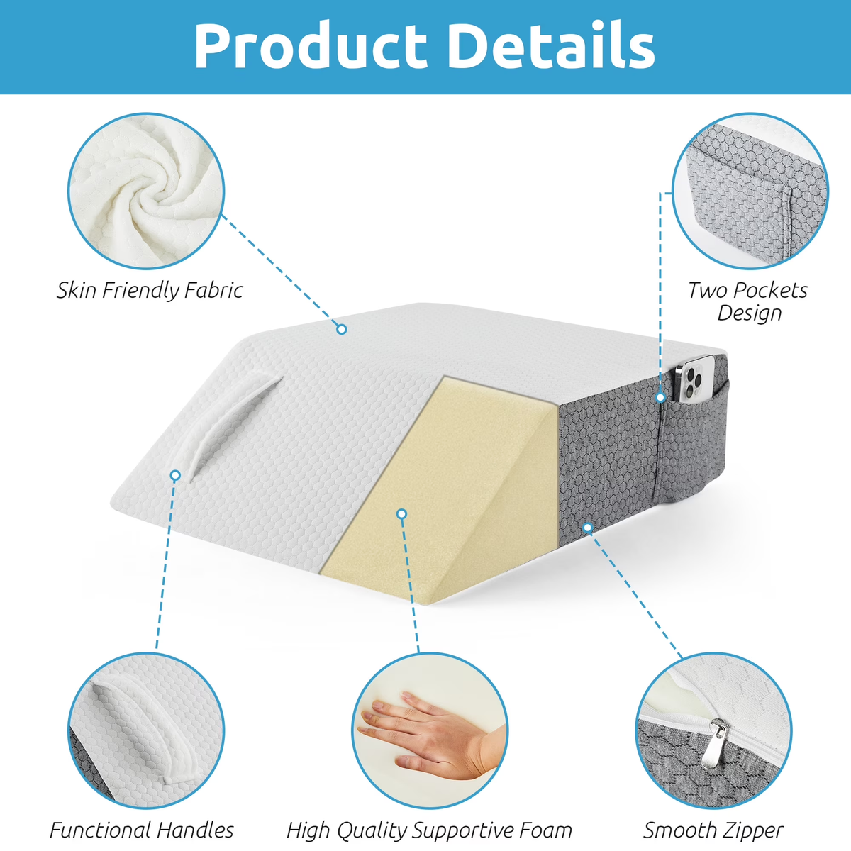 MOONORAH Wedge Pillow - After Surgery Leg Elevation for Back Pain Relief - White/Grey