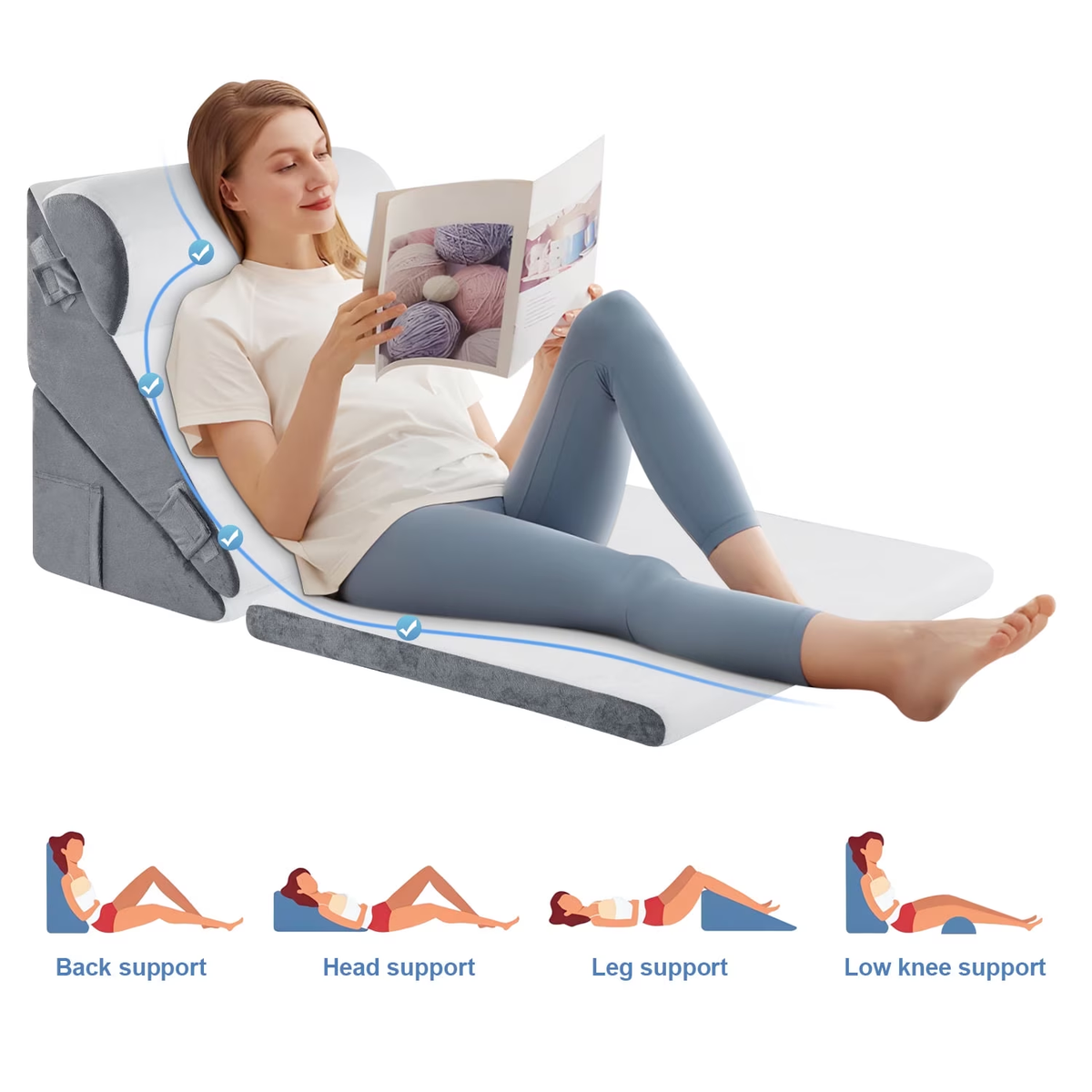 MOONORAH Bed Wedge Pillow with Head Pillow - Adjustable Highly Sponge Post-Surgery Pillow for Back, Leg & Knee Pain, Acid Reflux & Snoring Relief -Orthopedic Support for Sleeping, Flannel,Gray &White