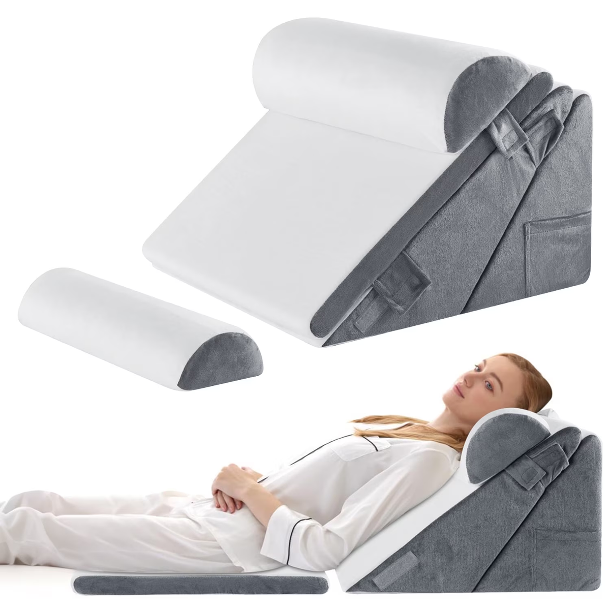 MOONORAH Bed Wedge Pillow with Head Pillow - Adjustable Highly Sponge Post-Surgery Pillow for Back, Leg & Knee Pain, Acid Reflux & Snoring Relief -Orthopedic Support for Sleeping, Flannel,Gray &White