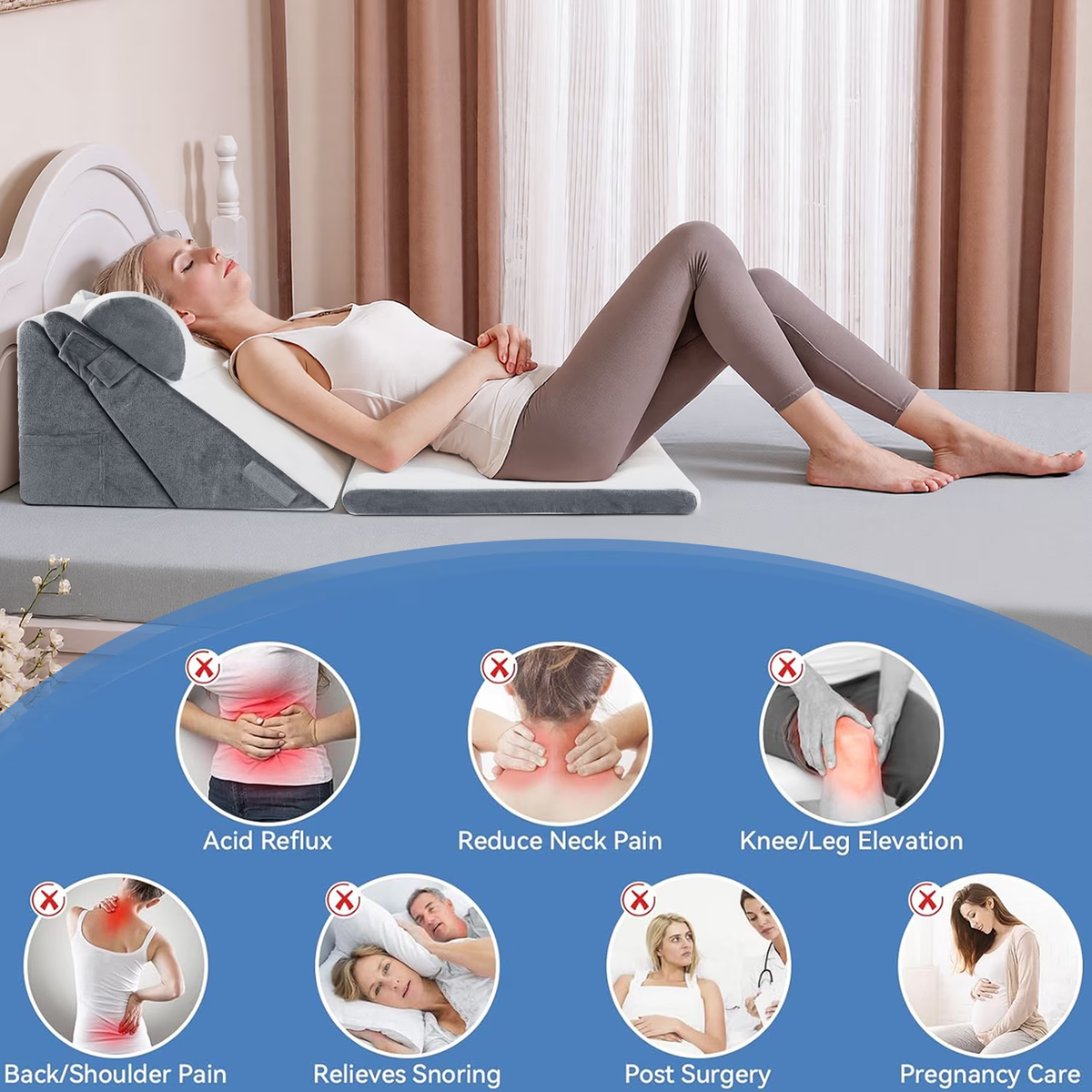 MOONORAH Bed Wedge Pillow with Head Pillow - Adjustable Highly Sponge Post-Surgery Pillow for Back, Leg & Knee Pain, Acid Reflux & Snoring Relief -Orthopedic Support for Sleeping, Flannel,Gray &White