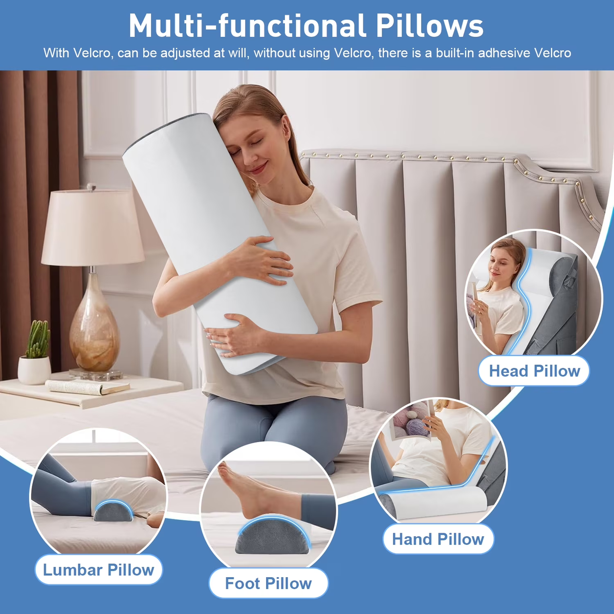 MOONORAH Bed Wedge Pillow with Head Pillow - Adjustable Highly Sponge Post-Surgery Pillow for Back, Leg & Knee Pain, Acid Reflux & Snoring Relief -Orthopedic Support for Sleeping, Flannel,Gray &White