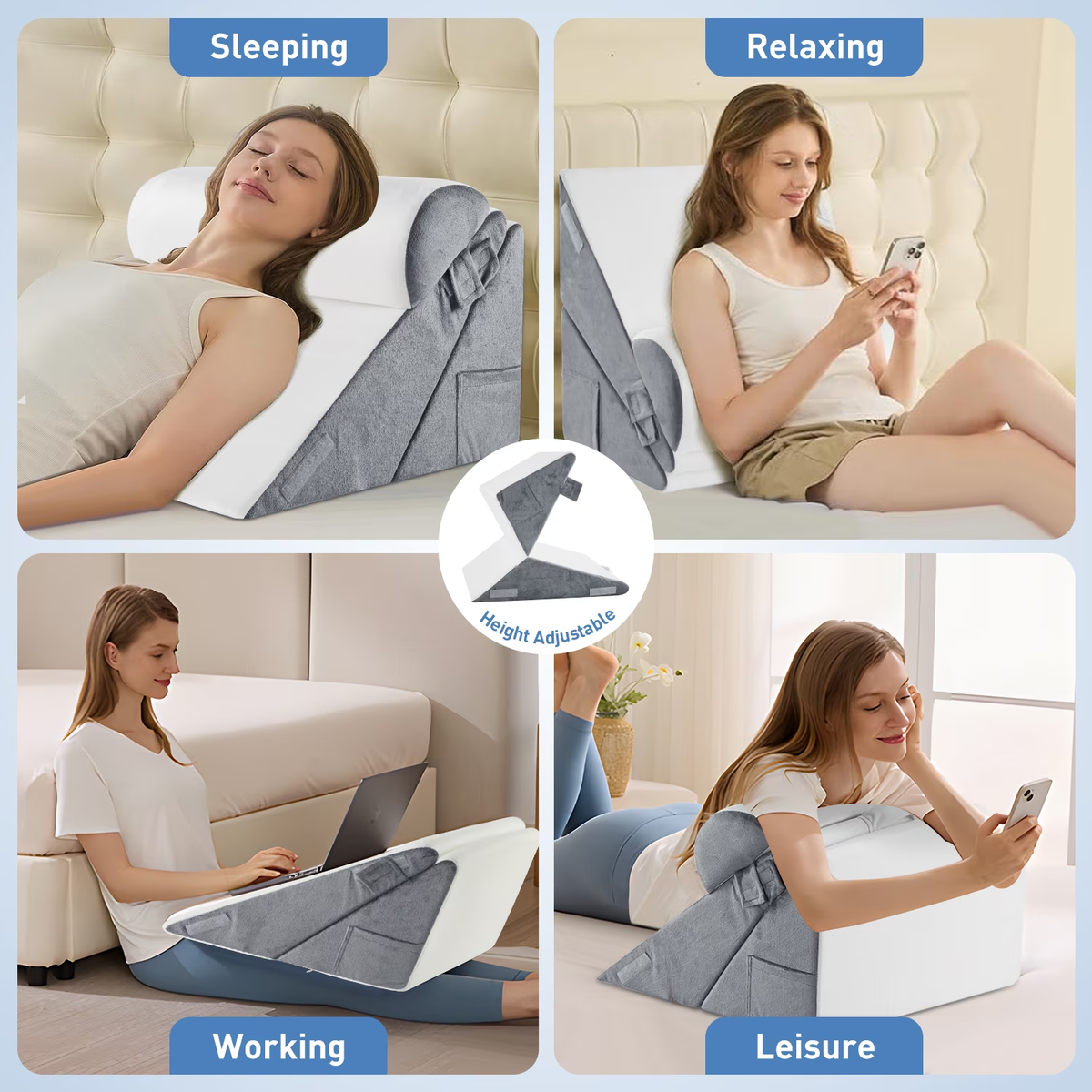 MOONORAH Bed Wedge Pillow with Head Pillow - Adjustable Highly Sponge Post-Surgery Pillow for Back, Leg & Knee Pain, Acid Reflux & Snoring Relief -Orthopedic Support for Sleeping, Flannel,Gray &White