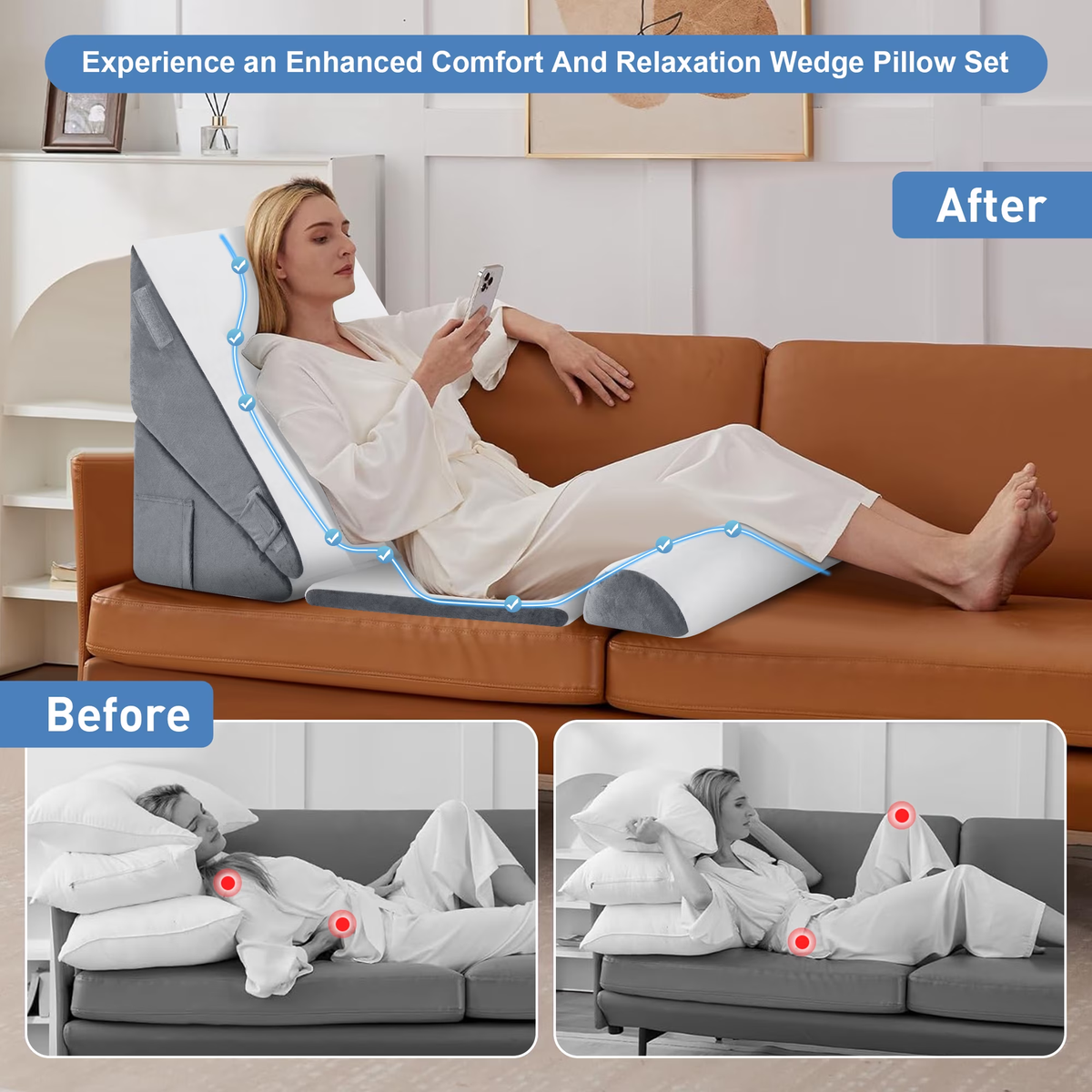 MOONORAH Bed Wedge Pillow with Head Pillow - Adjustable Highly Sponge Post-Surgery Pillow for Back, Leg & Knee Pain, Acid Reflux & Snoring Relief -Orthopedic Support for Sleeping, Flannel,Gray &White