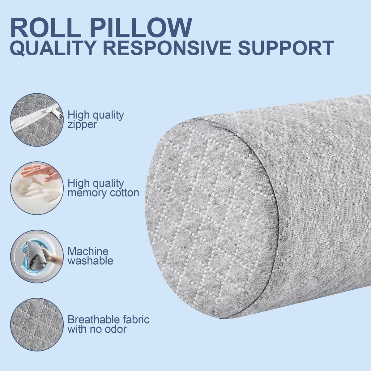 MOONORAH Cervical Neck Roll Memory Foam Pillow,Round Neck Support for Sleeping,Bolster Pillow for Bed, Legs, Back and Yoga,Gray