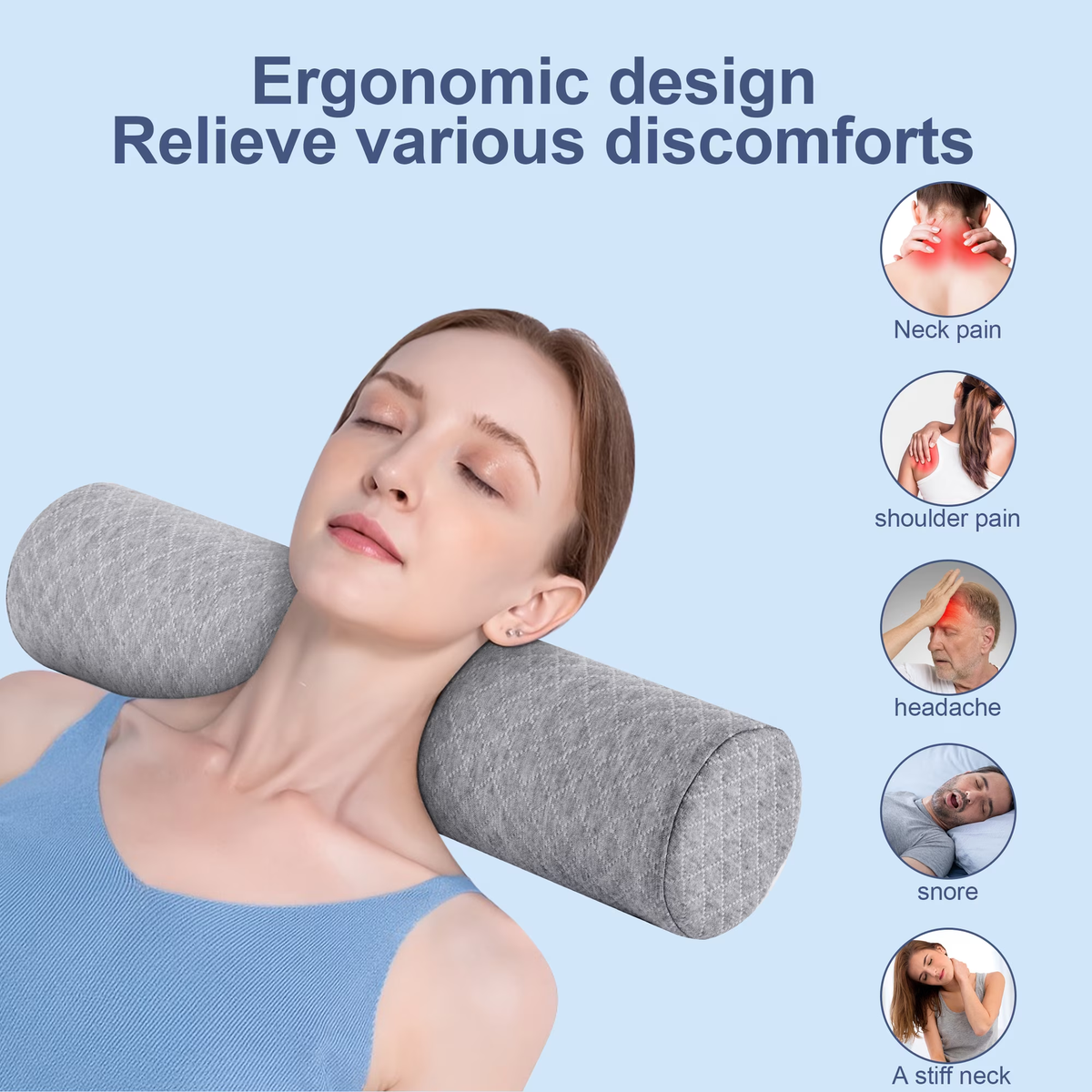 MOONORAH Cervical Neck Roll Memory Foam Pillow,Round Neck Support for Sleeping,Bolster Pillow for Bed, Legs, Back and Yoga,Gray