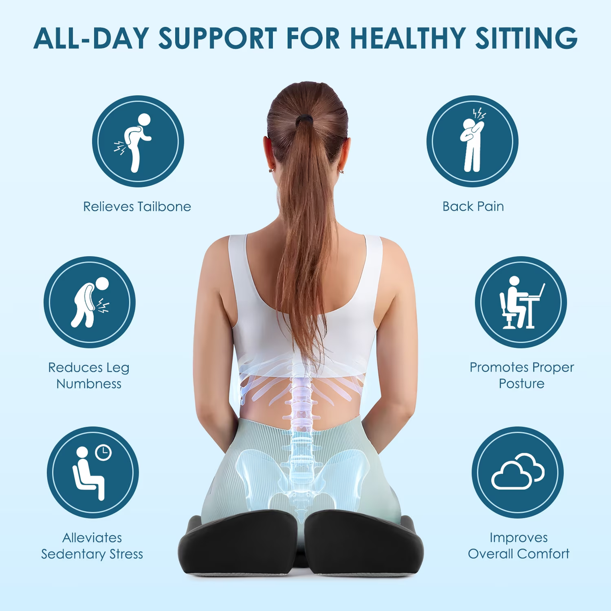 KAIPARA Seat Cushion - Memory Foam Tailbone Pain Relief - Black
