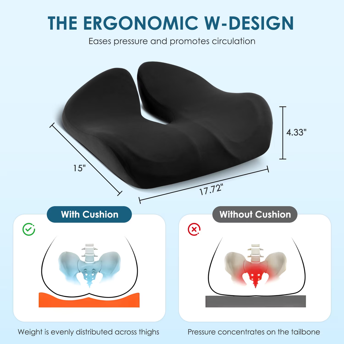 KAIPARA Seat Cushion - Memory Foam Tailbone Pain Relief - Black