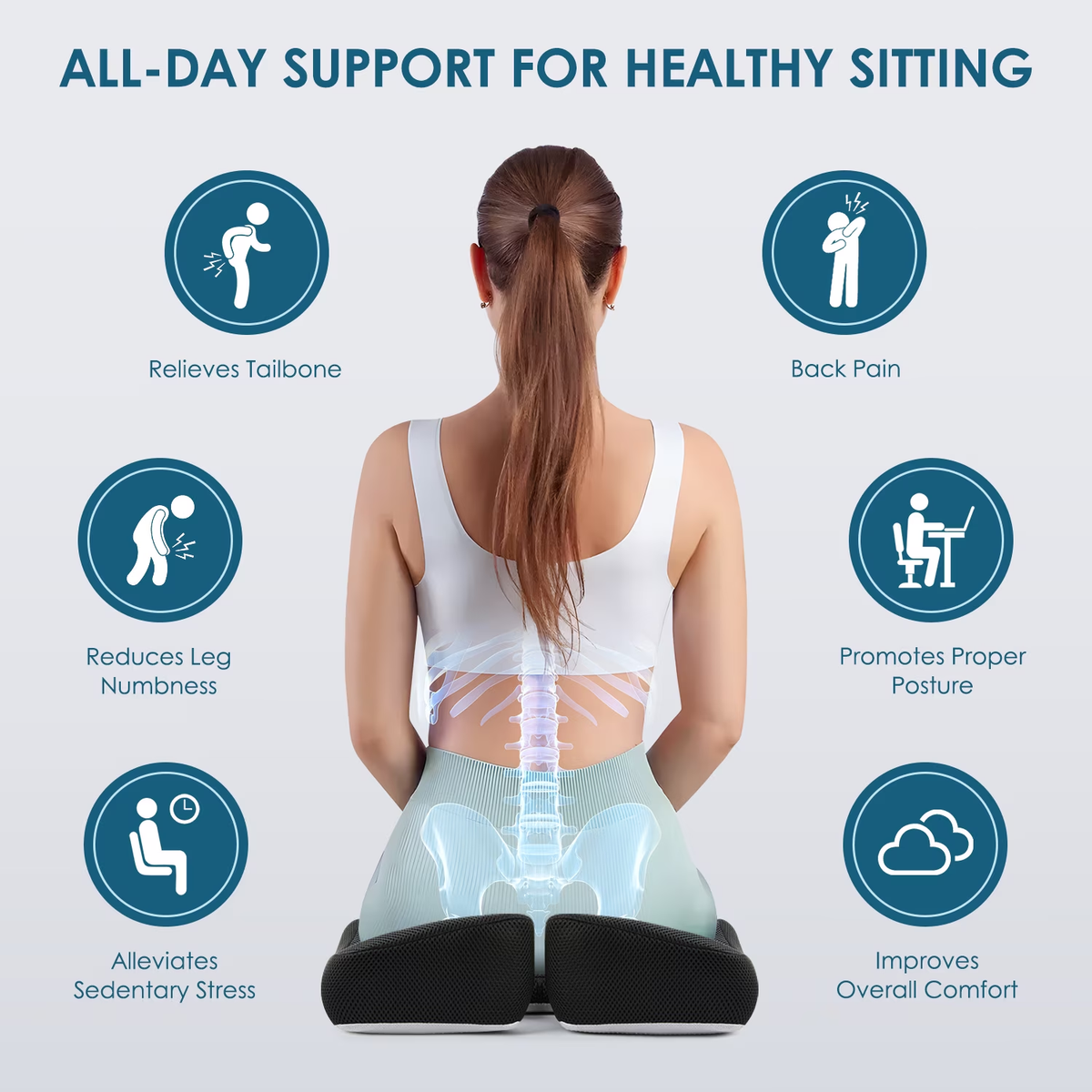 KAIPARA Cooling Seat Cushion for Office Chair, Ice Silk Memory Foam Cushion for Sciatica & Tailbone Pain Relief, Breathable Summer Seat Pad for Car, Wheelchair & Desk Chair, 17.72" × 14.96", Black