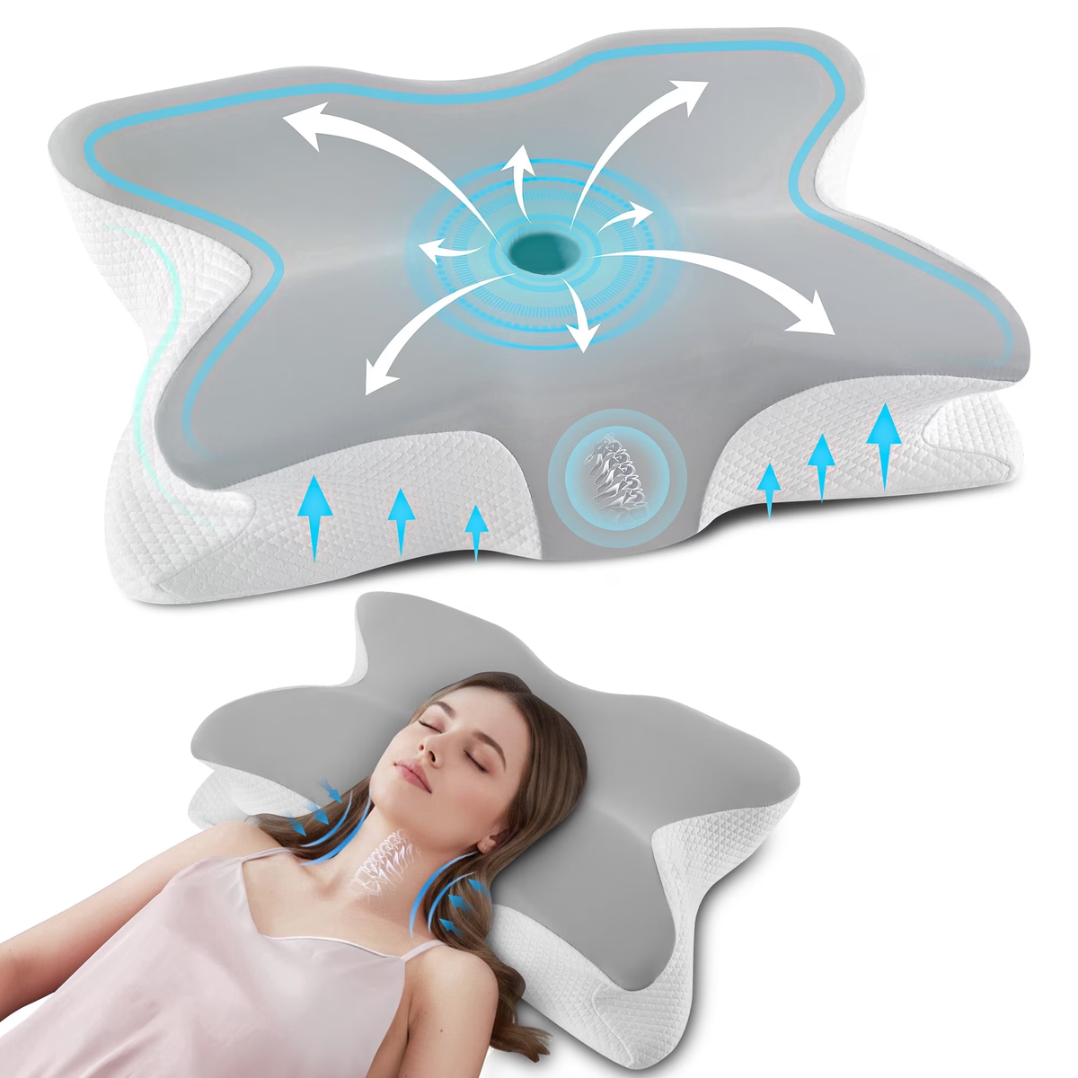 MOONORAH Cervical Pillow - Memory Foam Neck Pain Relief - Standard/Queen Gray