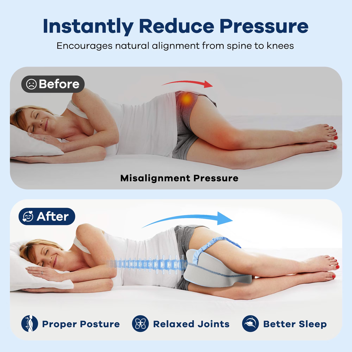 MOONORAH Knee Pillow for Side Sleepers - Memory Foam Support - Blue-Gray