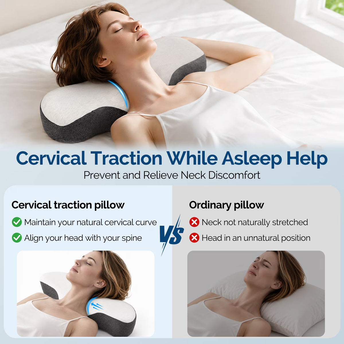 MOONORAH Cervical Neck Pillow for Pain Relief Sleeping, Memory Foam Roll Pillow for Neck Support and Shoulder Relaxer, Orthopedic Decompression Pillow for Bed Office - Gray White