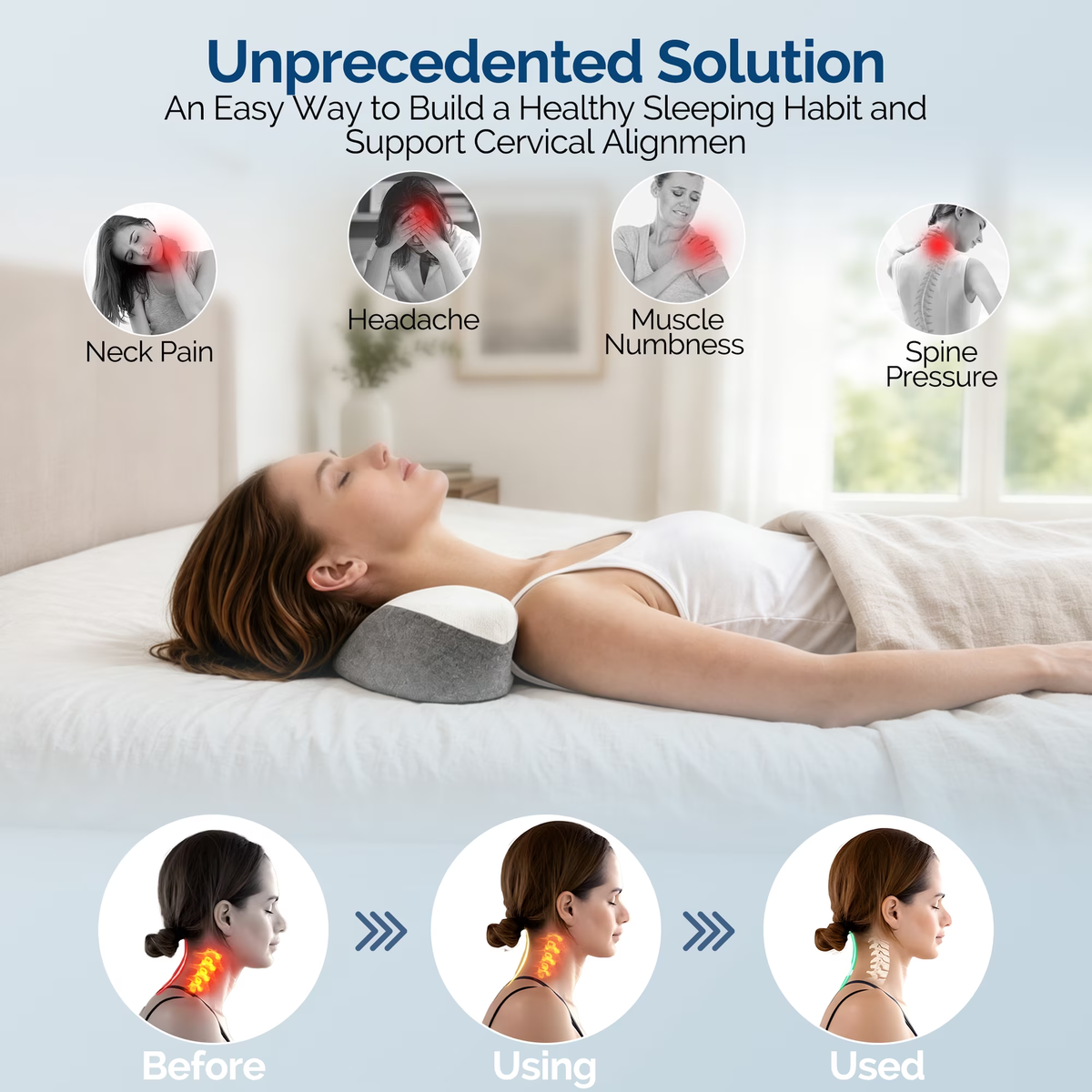 MOONORAH Cervical Neck Pillow for Pain Relief Sleeping, Memory Foam Roll Pillow for Neck Support and Shoulder Relaxer, Orthopedic Decompression Pillow for Bed Office - Gray White