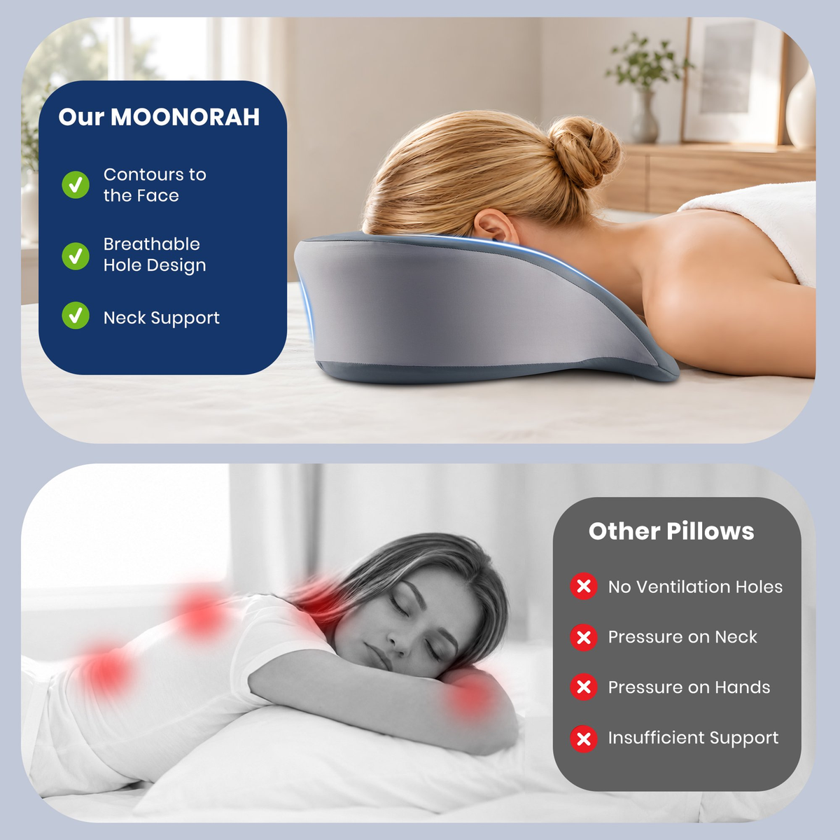 MOONORAH Face Down Pillows for Massage Table, Desk Napping, Memory Foam for Stomach Sleepers & Eye Surgery Recovery & Spa Treatments, Washable Cover, Grey