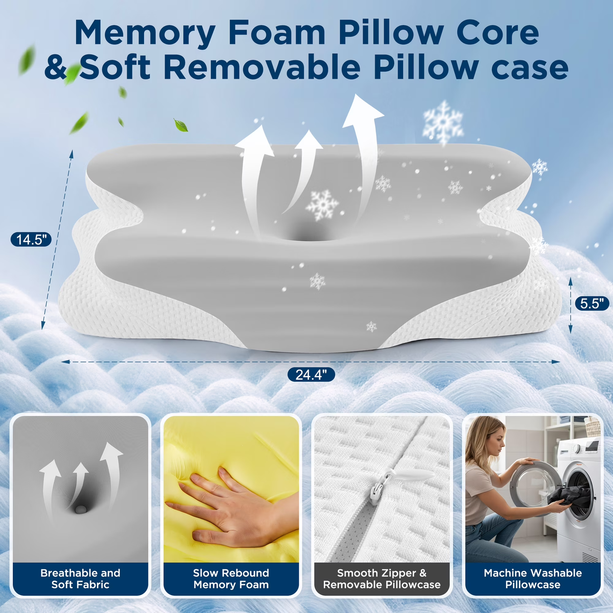 MOONORAH Cooling Bed Pillow for Neck and Shoulder Pain, Memory Foam Contour Pillow for Side, Back, Stomach Sleepers with Breathable Cooling Cover - Gray & White