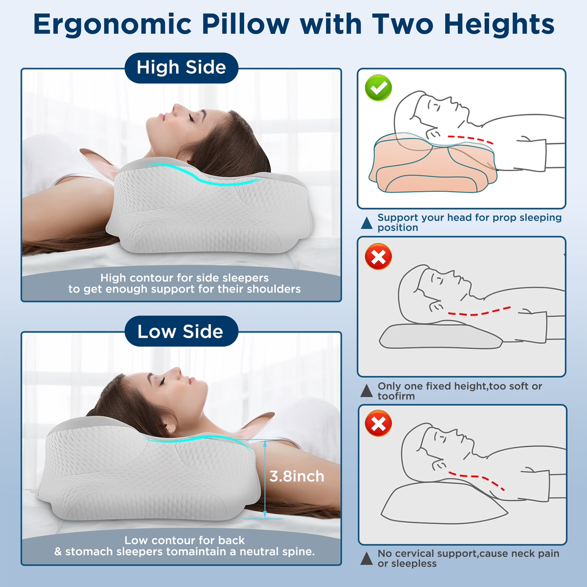 MOONORAH Cooling Bed Pillow for Neck and Shoulder Pain, Memory Foam Contour Pillow for Side, Back, Stomach Sleepers with Breathable Cooling Cover - Gray & White
