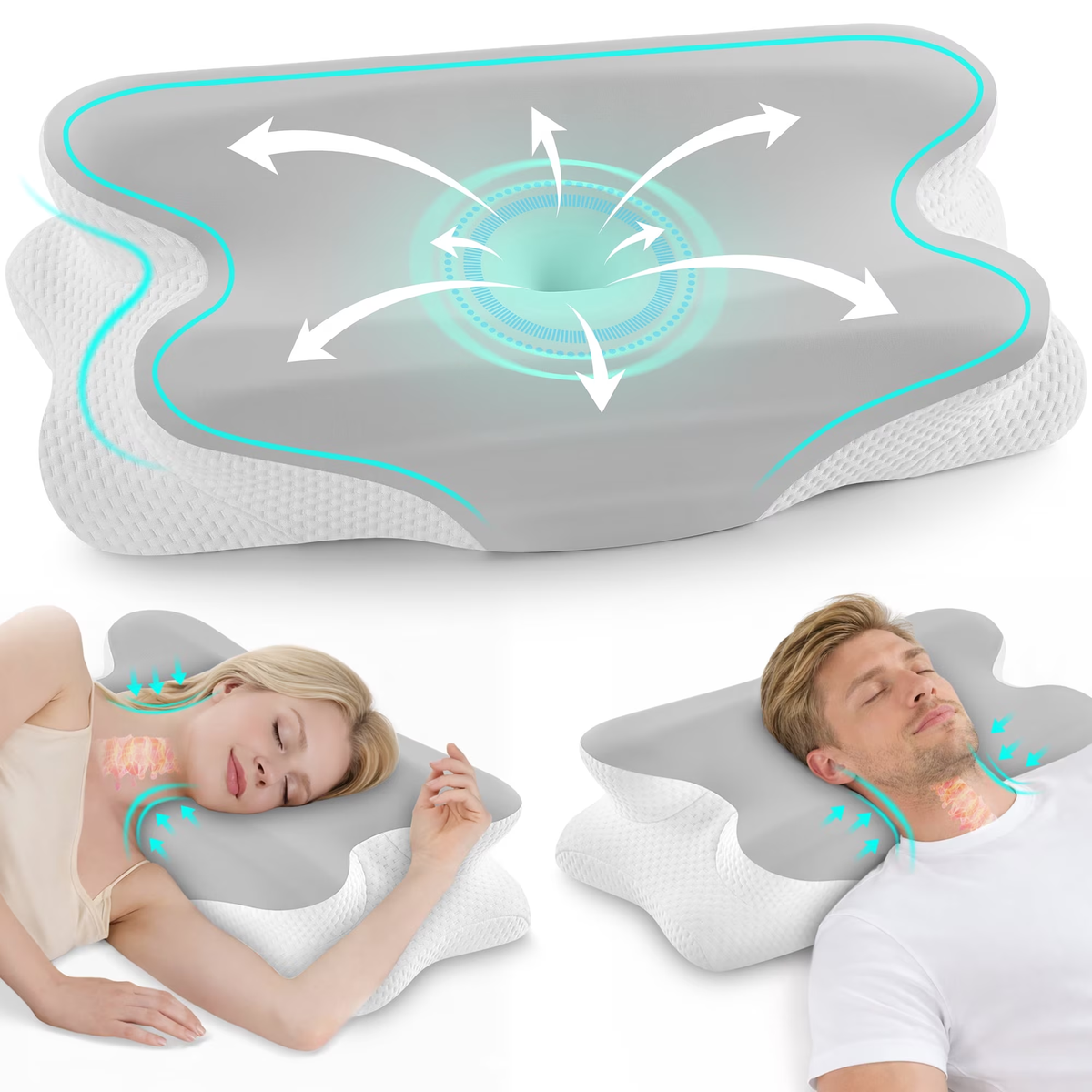 MOONORAH Cooling Bed Pillow for Neck and Shoulder Pain, Memory Foam Contour Pillow for Side, Back, Stomach Sleepers with Breathable Cooling Cover - Gray & White