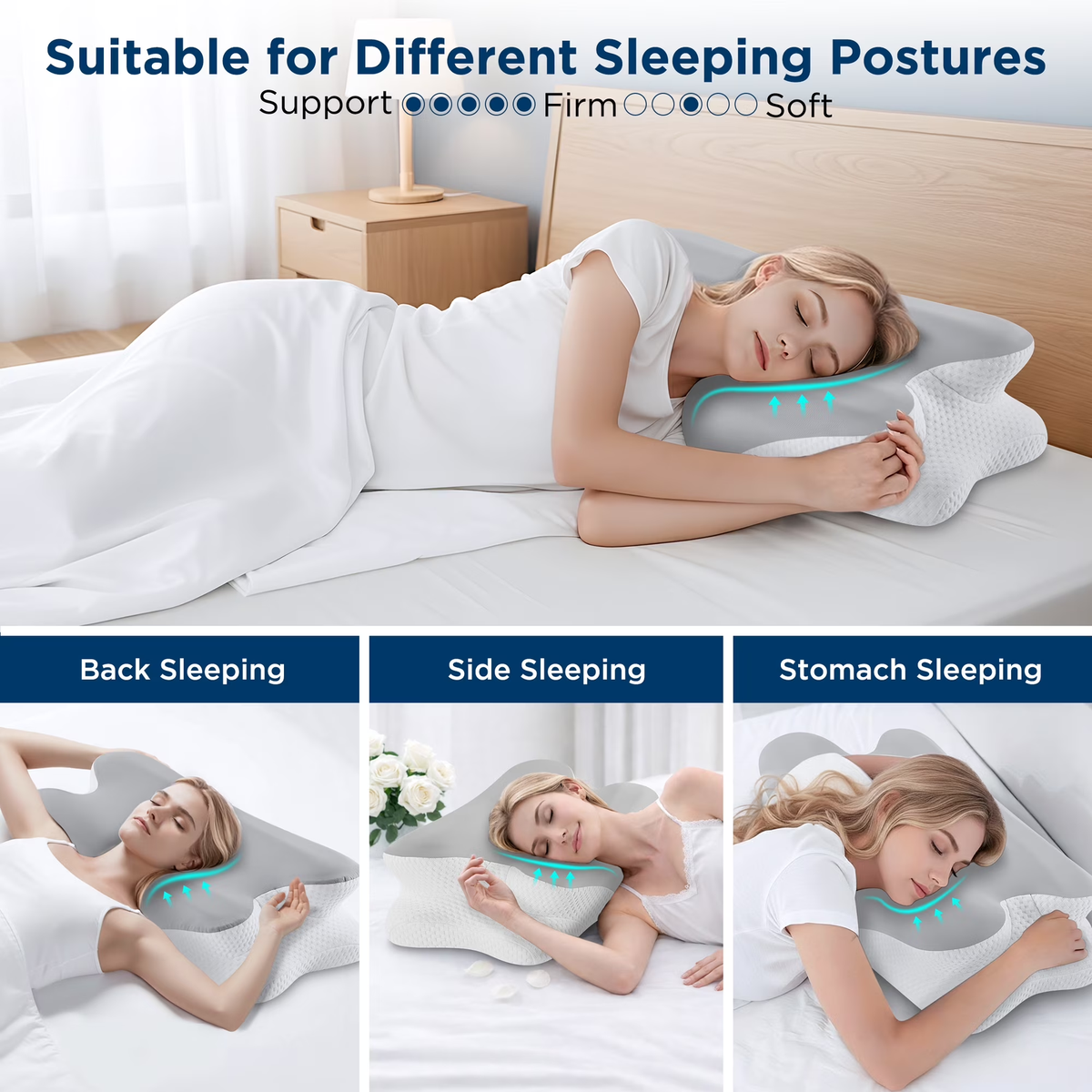 MOONORAH Cooling Bed Pillow for Neck and Shoulder Pain, Memory Foam Contour Pillow for Side, Back, Stomach Sleepers with Breathable Cooling Cover - Gray & White