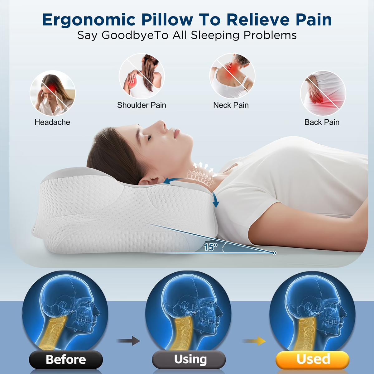 MOONORAH Cooling Bed Pillow for Neck and Shoulder Pain, Memory Foam Contour Pillow for Side, Back, Stomach Sleepers with Breathable Cooling Cover - Gray & White