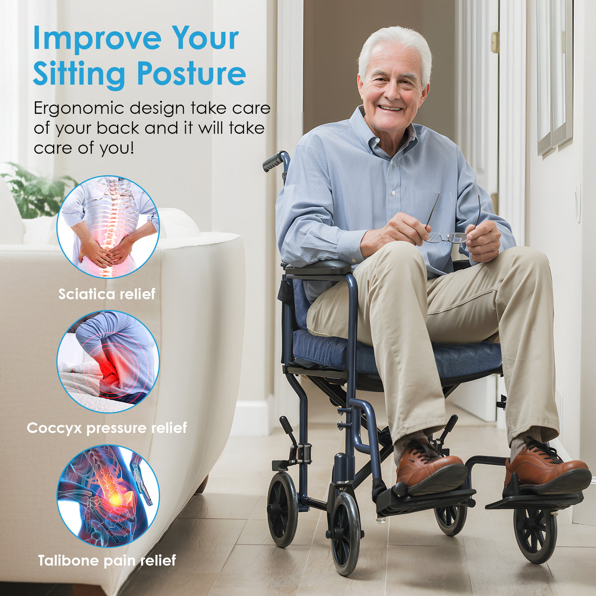 WANALIT Wheelchair Seat Cushion - Foam Positioning Support - Large Blue