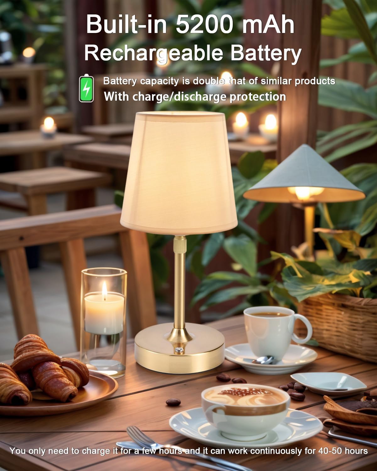 LOFTER-Pro Cordless LED Table Lamps, 5200mAH Built-in Rechargeable Battery, Stepless Dimming Touch Control, Height Adjustable, Patio Table Lamp, Bedside Nights, Ambient Light for Restaurant (Gold)