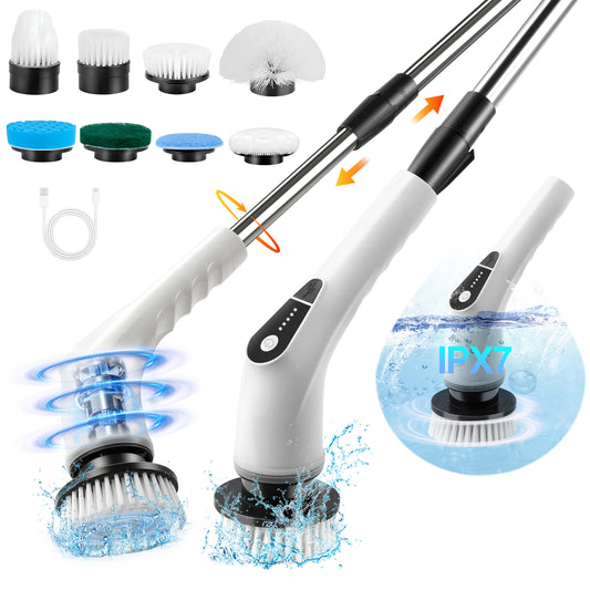 WANALIT Electric Spin Scrubber – Cordless & Waterproof Cleaning Brush with Adjustable 3‑Section Handle, 8 Replaceable Heads, 5 Speeds, Long Battery Life – Ideal for Bathroom, Tile, Shower, Tub, Glass
