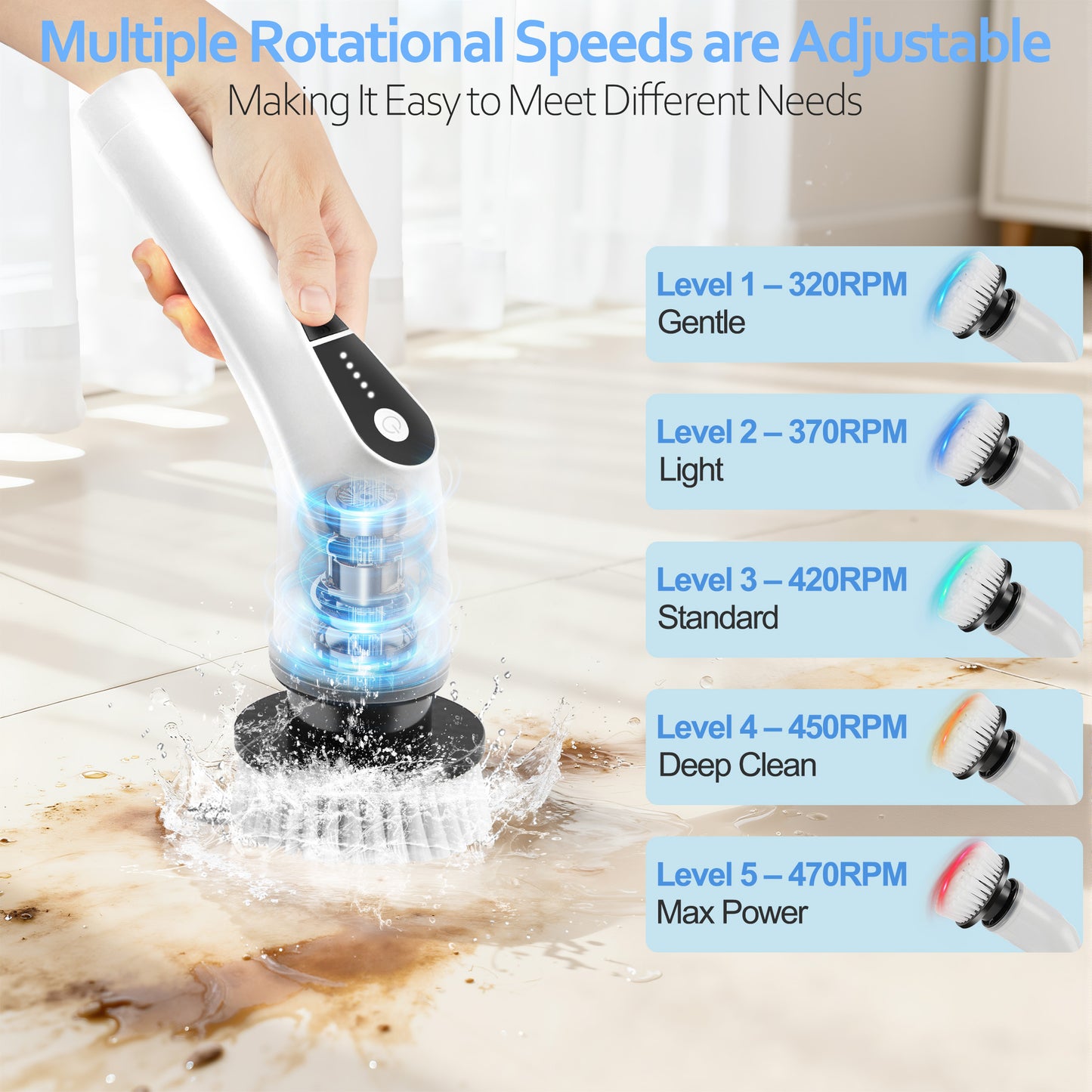 WANALIT Electric Spin Scrubber – Cordless & Waterproof Cleaning Brush with Adjustable 3‑Section Handle, 8 Replaceable Heads, 5 Speeds, Long Battery Life – Ideal for Bathroom, Tile, Shower, Tub, Glass