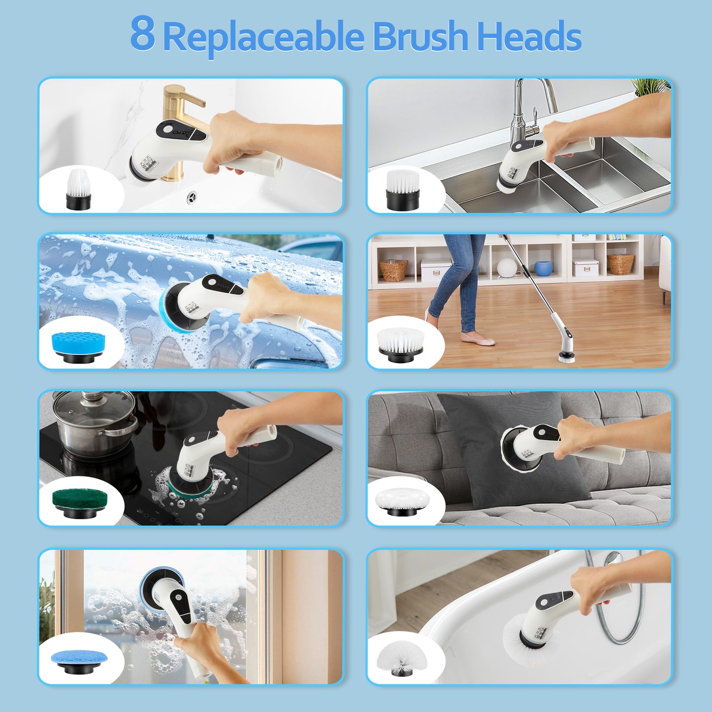 WANALIT Electric Spin Scrubber – Cordless & Waterproof Cleaning Brush with Adjustable 3‑Section Handle, 8 Replaceable Heads, 5 Speeds, Long Battery Life – Ideal for Bathroom, Tile, Shower, Tub, Glass