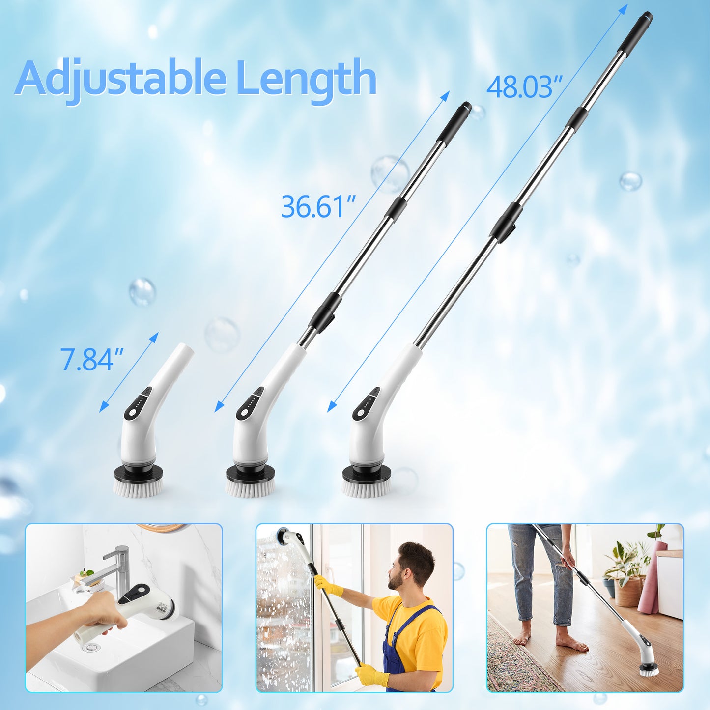 WANALIT Electric Spin Scrubber – Cordless & Waterproof Cleaning Brush with Adjustable 3‑Section Handle, 8 Replaceable Heads, 5 Speeds, Long Battery Life – Ideal for Bathroom, Tile, Shower, Tub, Glass