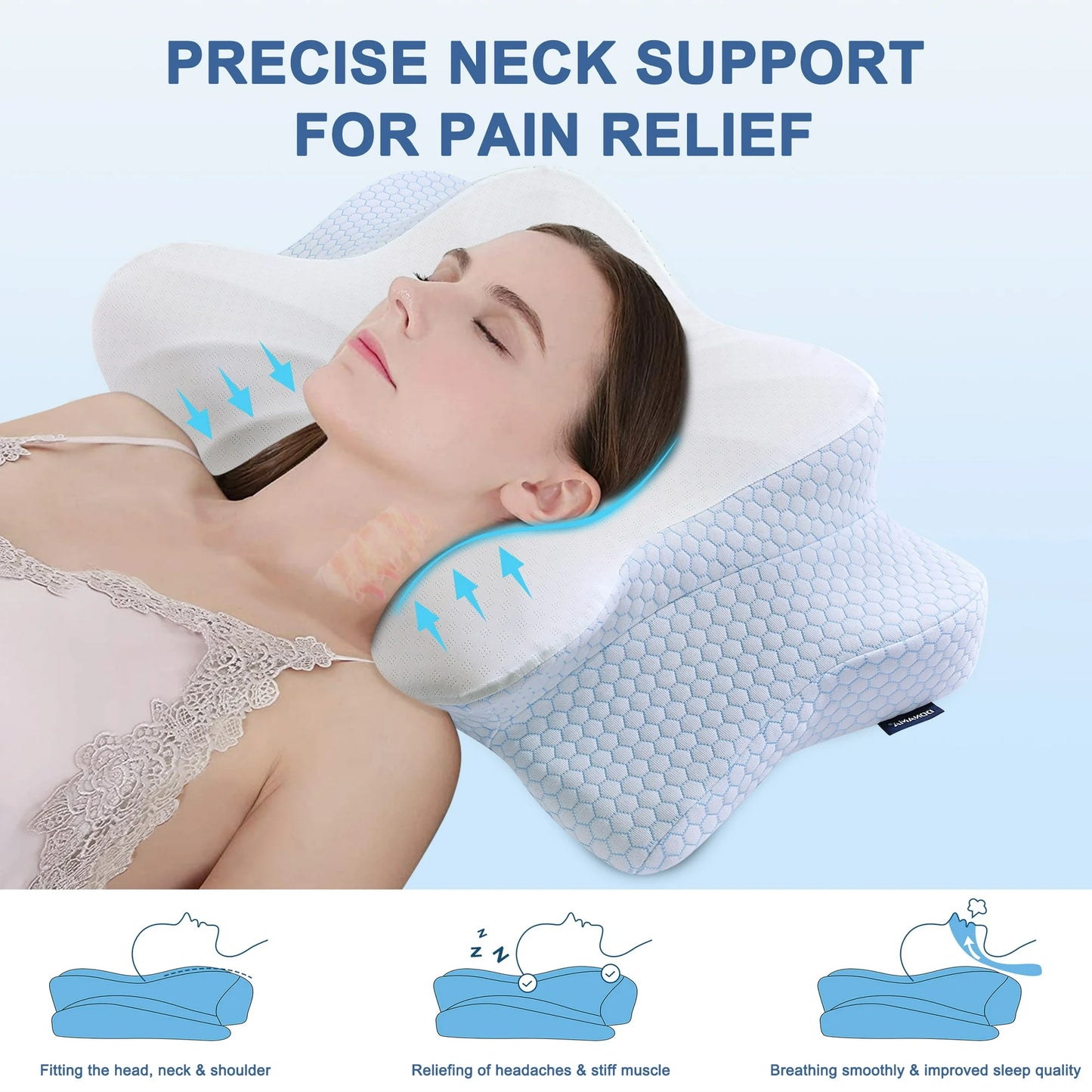 DONAMA Orthopedic Pillow for Neck Pain Relief,Cervical Travel Pillow,Contour Memory Foam Pillow,Ergonomic Pillows for Side Back&Stomach Sleepers with Breathable Pillowcase,Standard,Blue